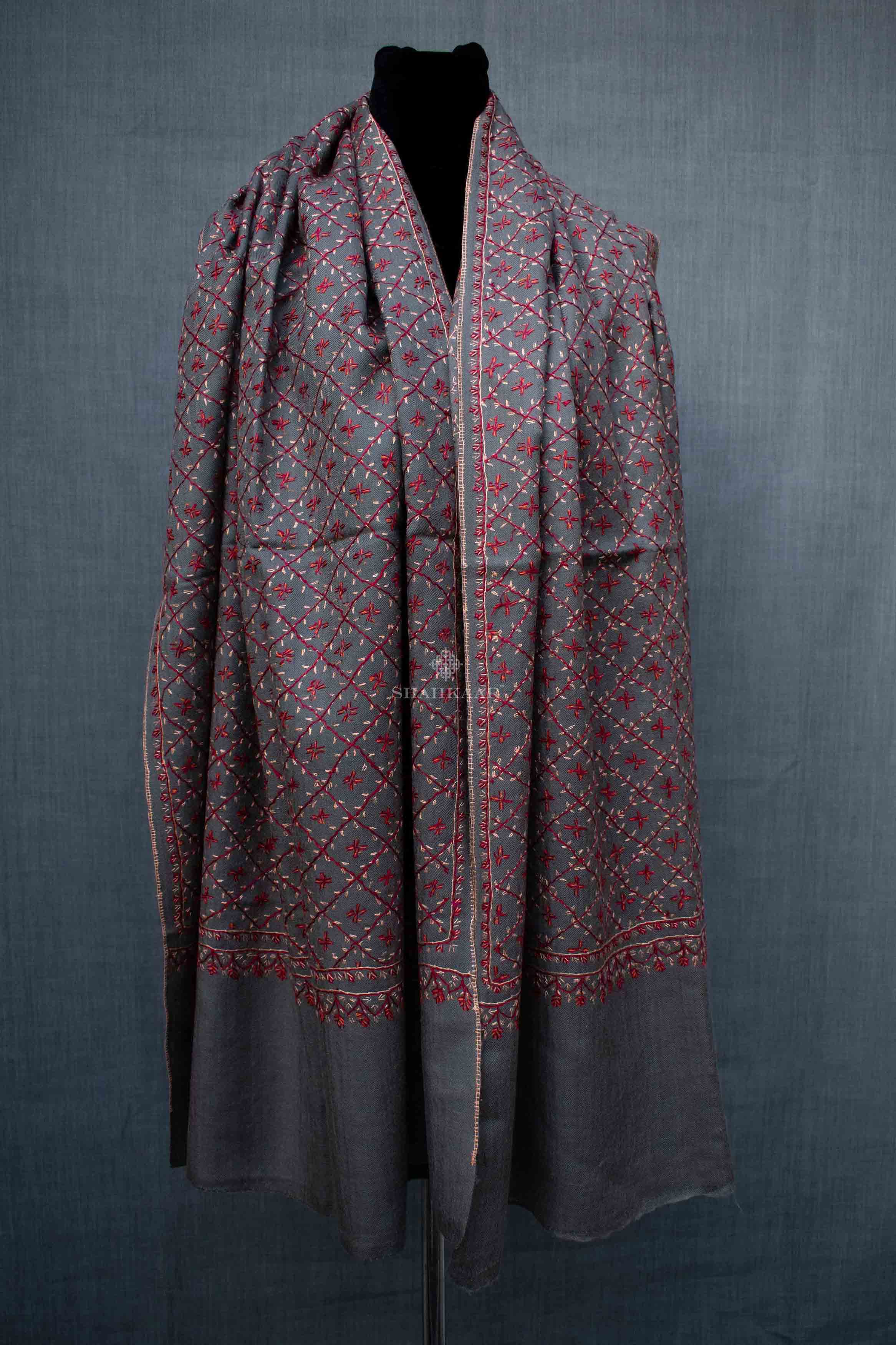 Shahkaar Embroidered Grey Woollen Shawl wrapped on a dummy