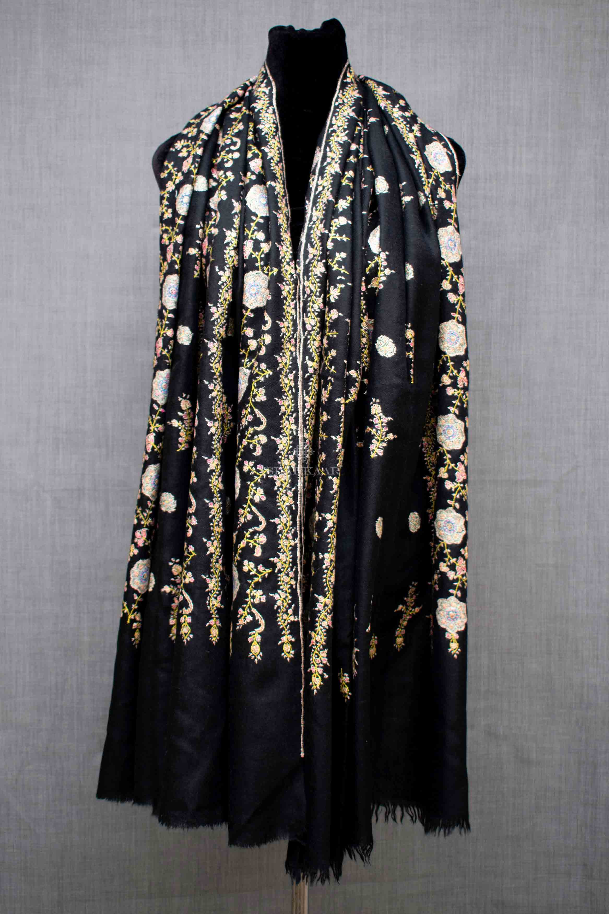 Shahkaar Black Embroidered Cashmere Shawl Wrapped around dummy