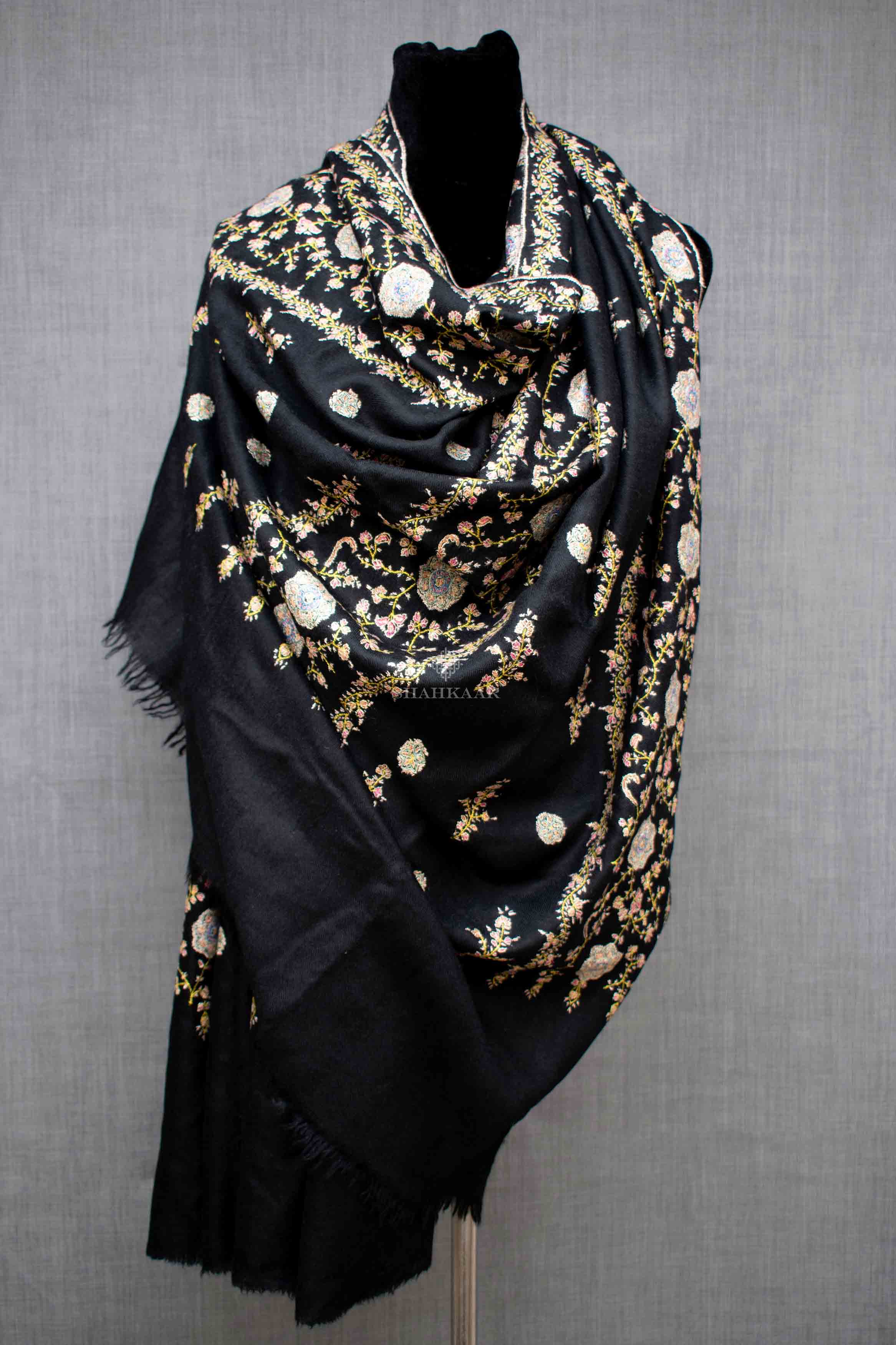 Shahkaar Black Embroidered Cashmere Shawl Wrapped around dummy