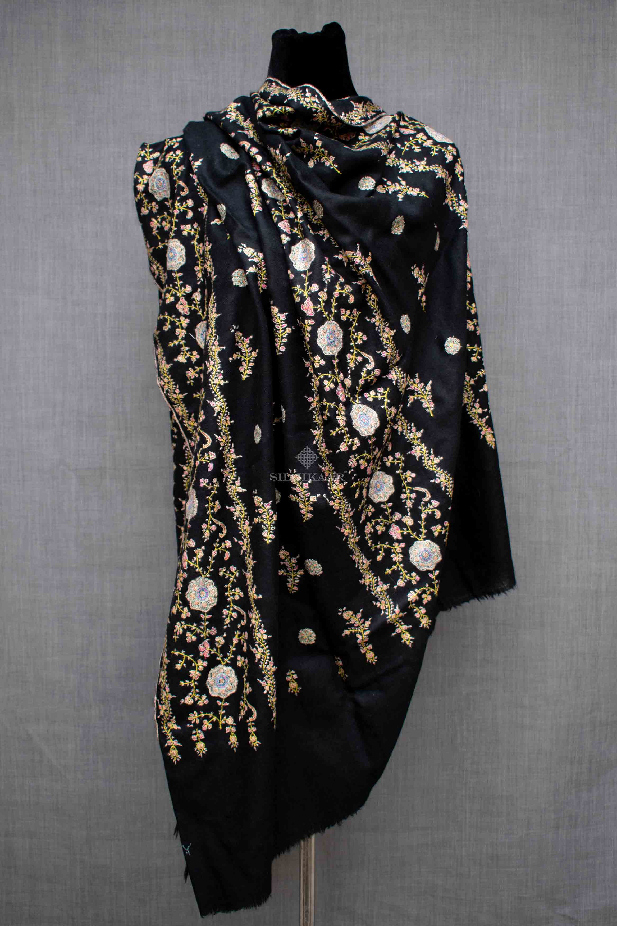 Shahkaar Black Embroidered Cashmere Shawl Wrapped around dummy