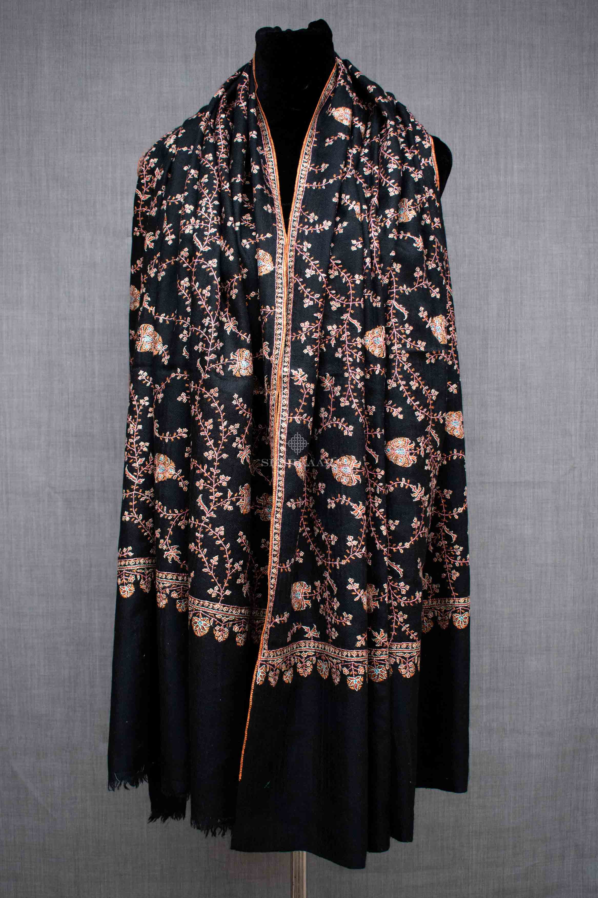 Shahkaar Black Embroidered Cashmere Shawl wrapped around dummy