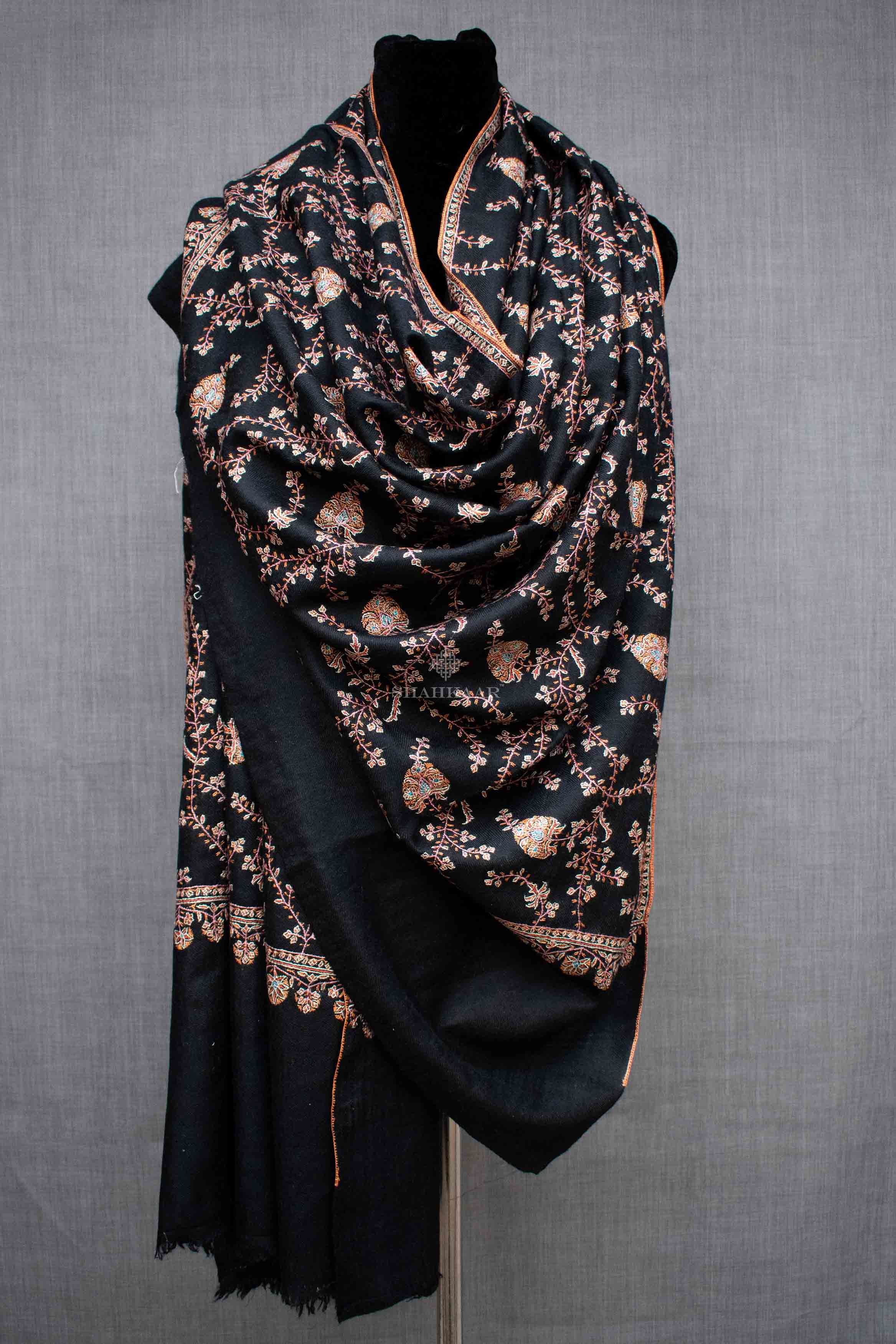 Shahkaar Black Embroidered Cashmere Shawl wrapped around dummy