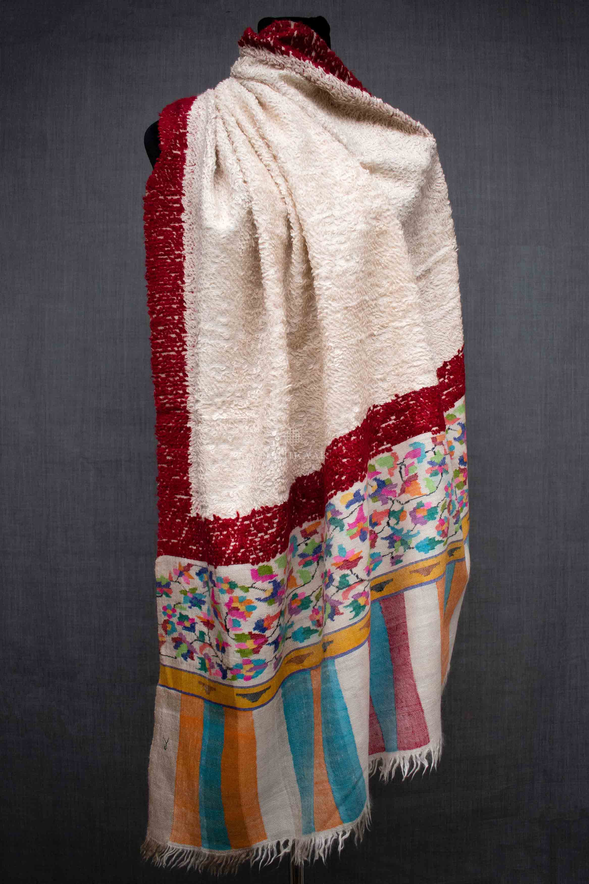 Shahkaar Towel Weave Kani Palla Cashmere Shawl wrapped on a dummy