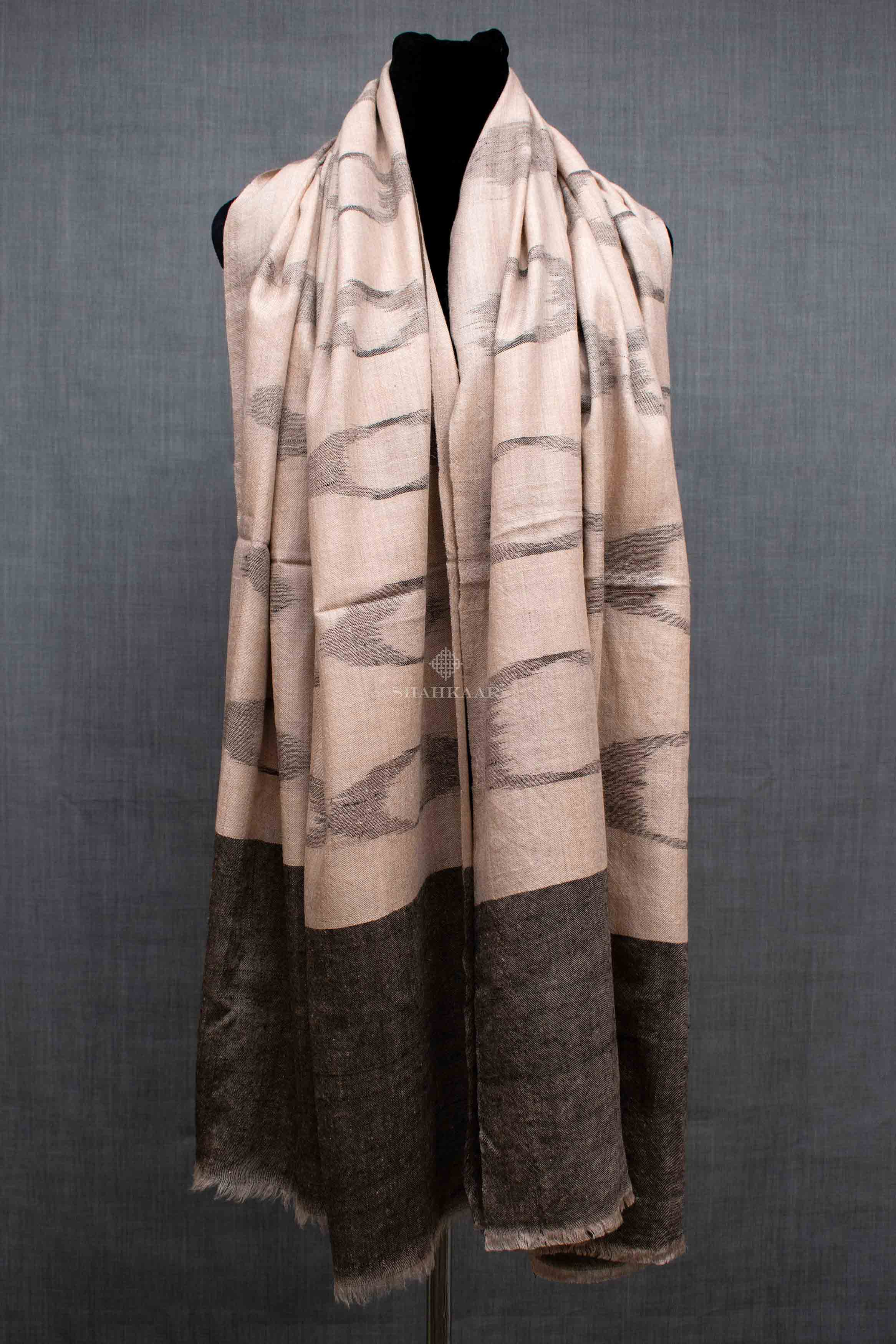 Shahkaar Space Dyed Beige & Black Cashmere Shawl wrapped on a dummy