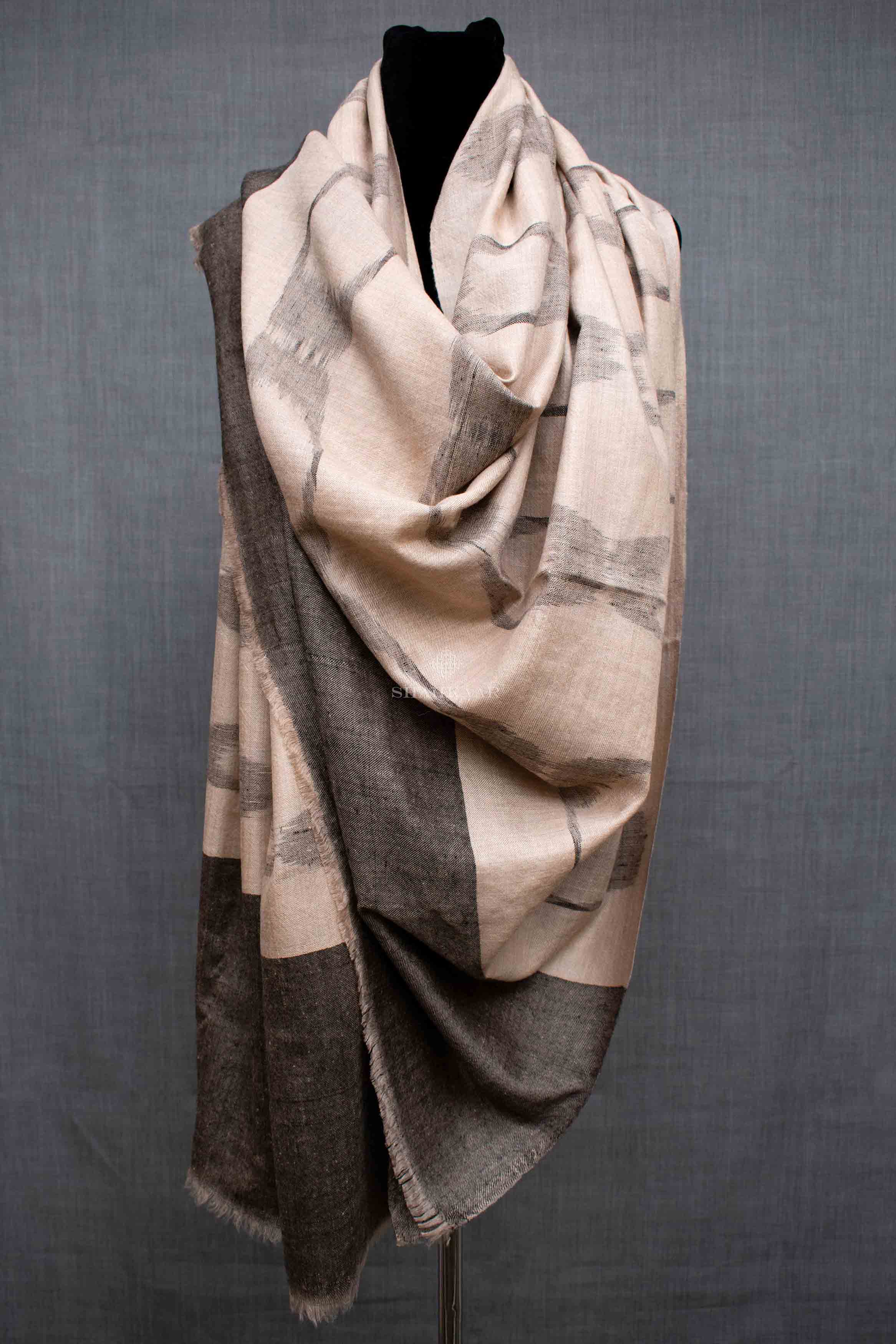 Shahkaar Space Dyed Beige & Black Cashmere Shawl wrapped on a dummy