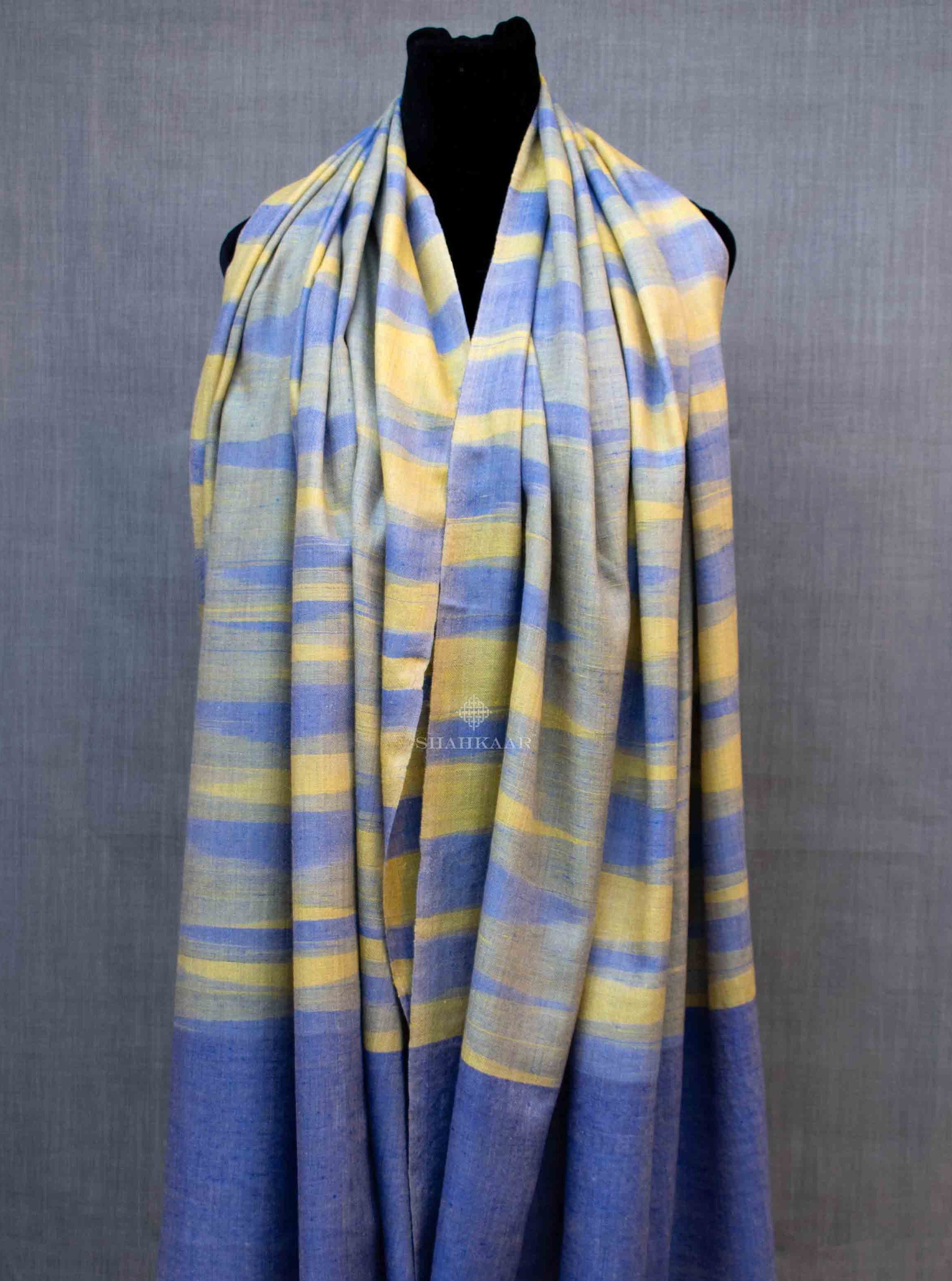 Shahkaar Space Dyed Blue & Yellow Cashmere Shawl wrapped on a dummy