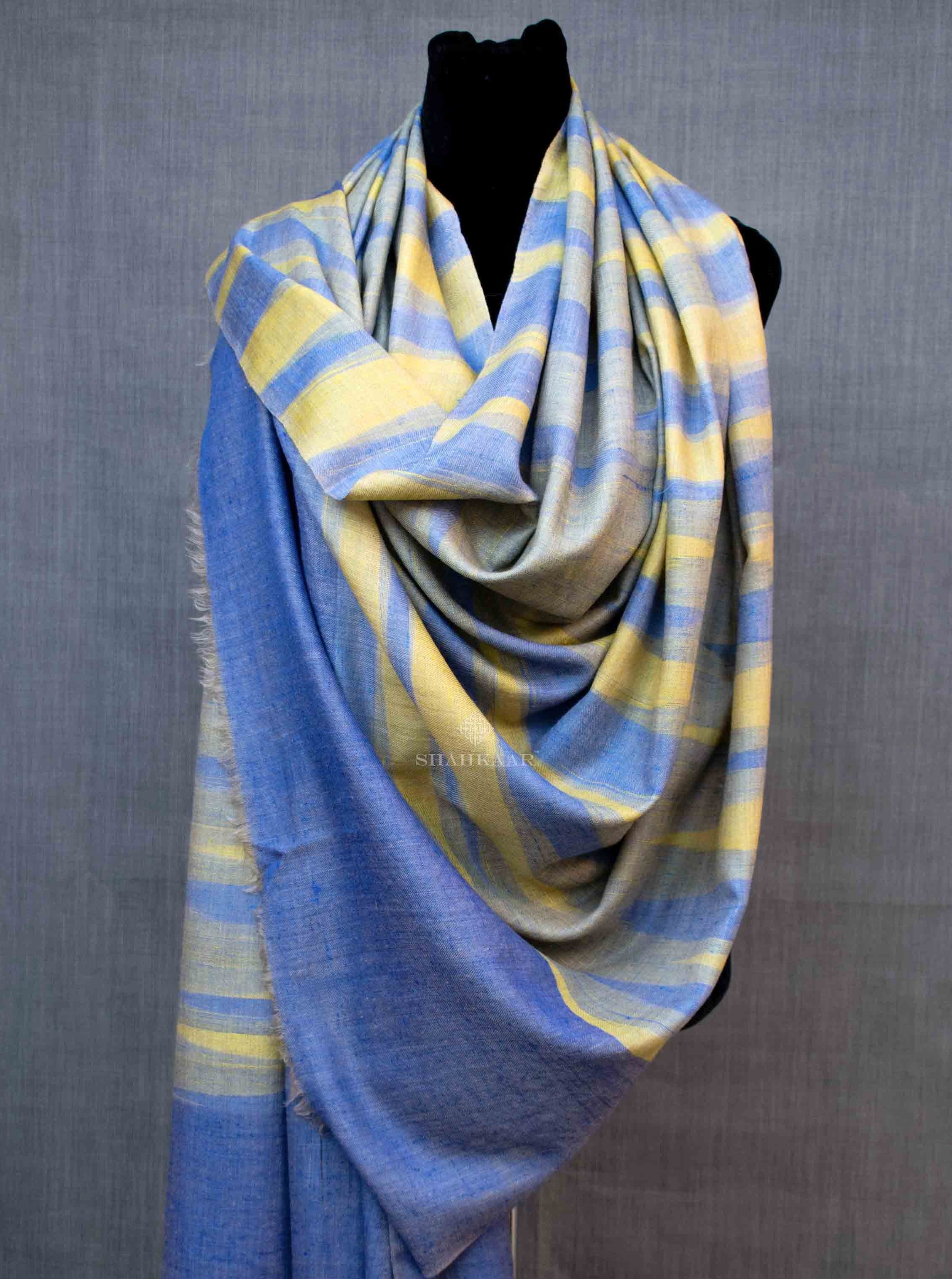 Shahkaar Space Dyed Blue & Yellow Cashmere Shawl wrapped on a dummy