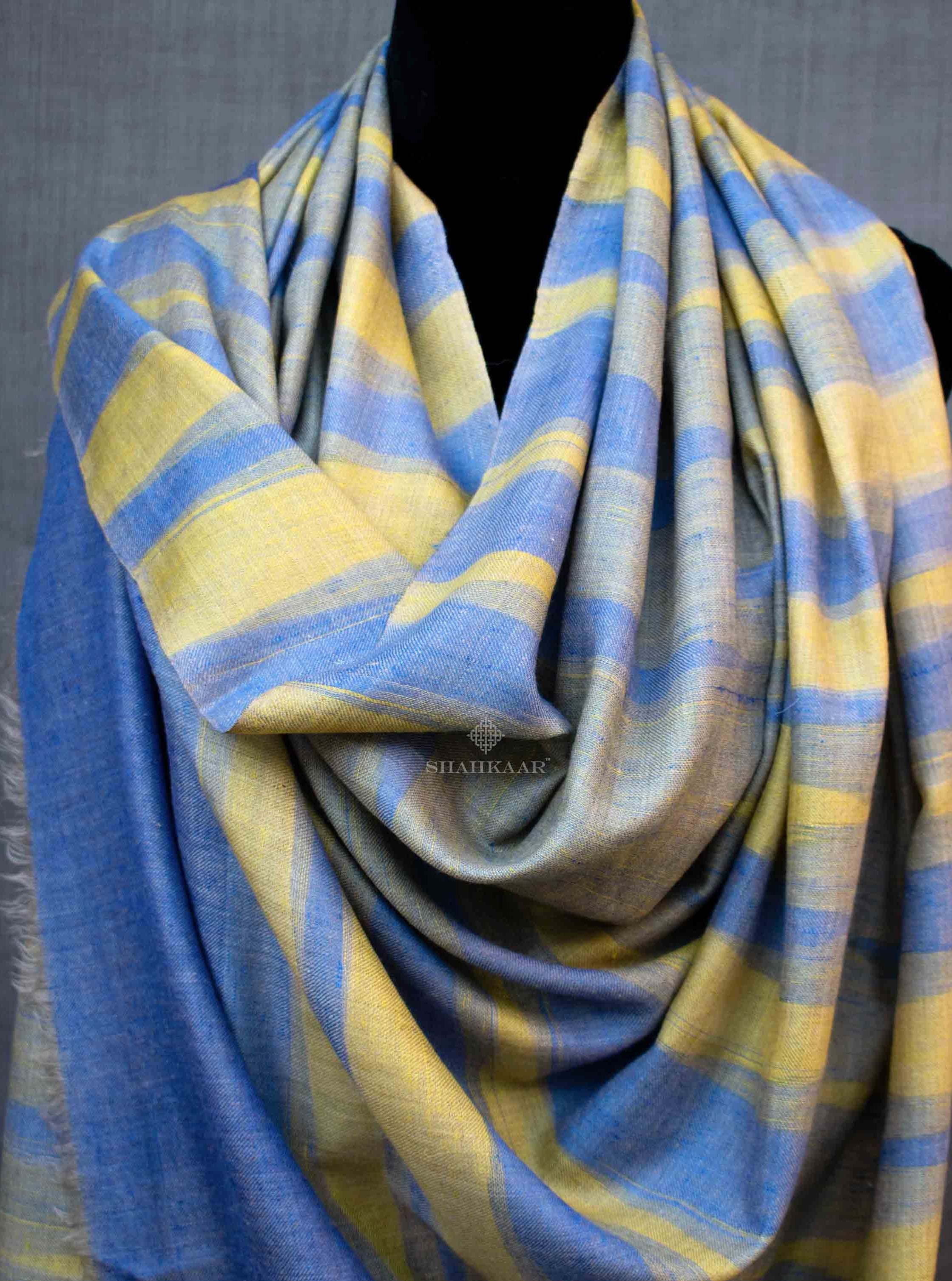 Shahkaar Space Dyed Blue & Yellow Cashmere Shawl wrapped on a dummy (zoomed image)