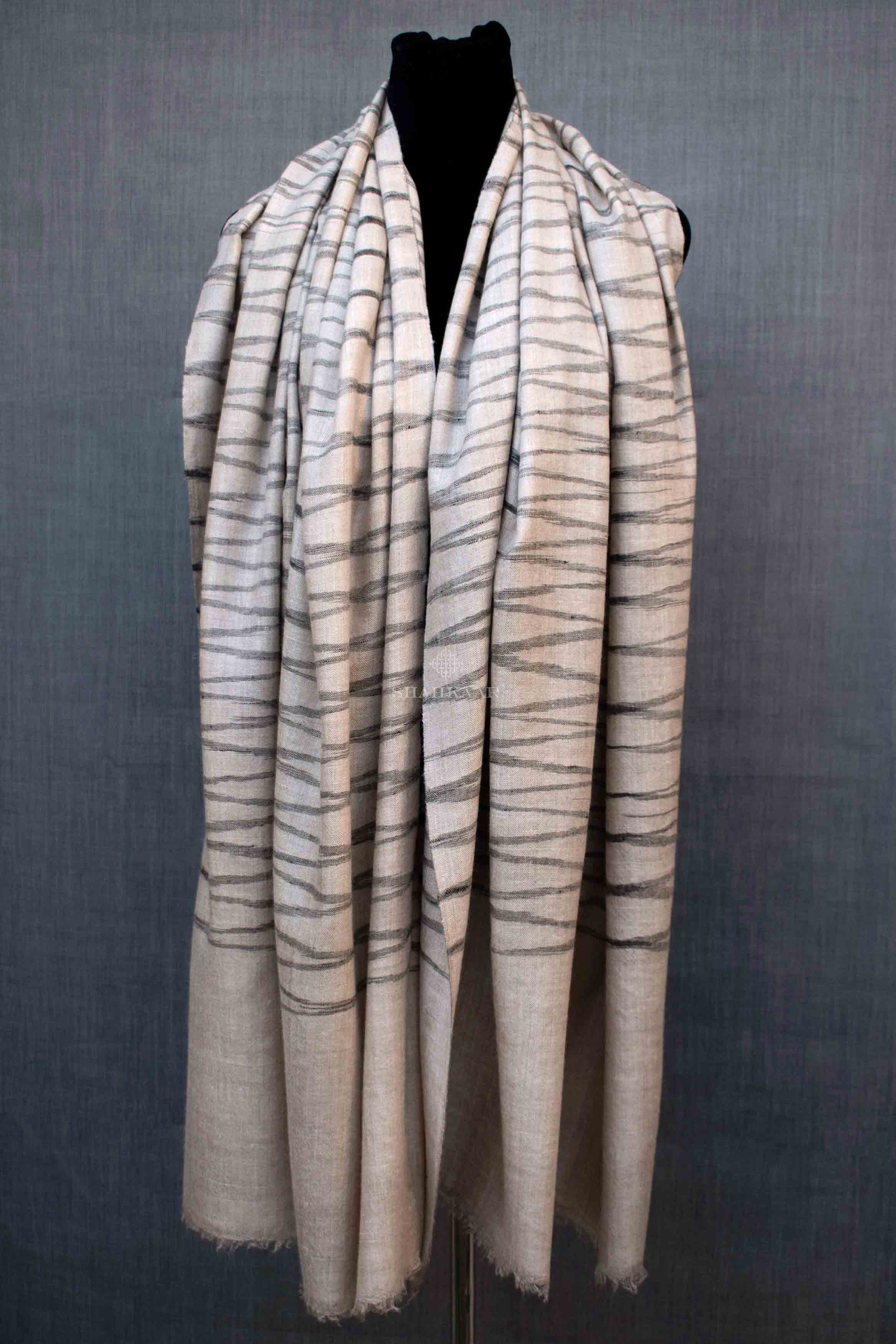 Shahkaar Space Dyed Beige & Black Cashmere Shawl wrapped on a dummy