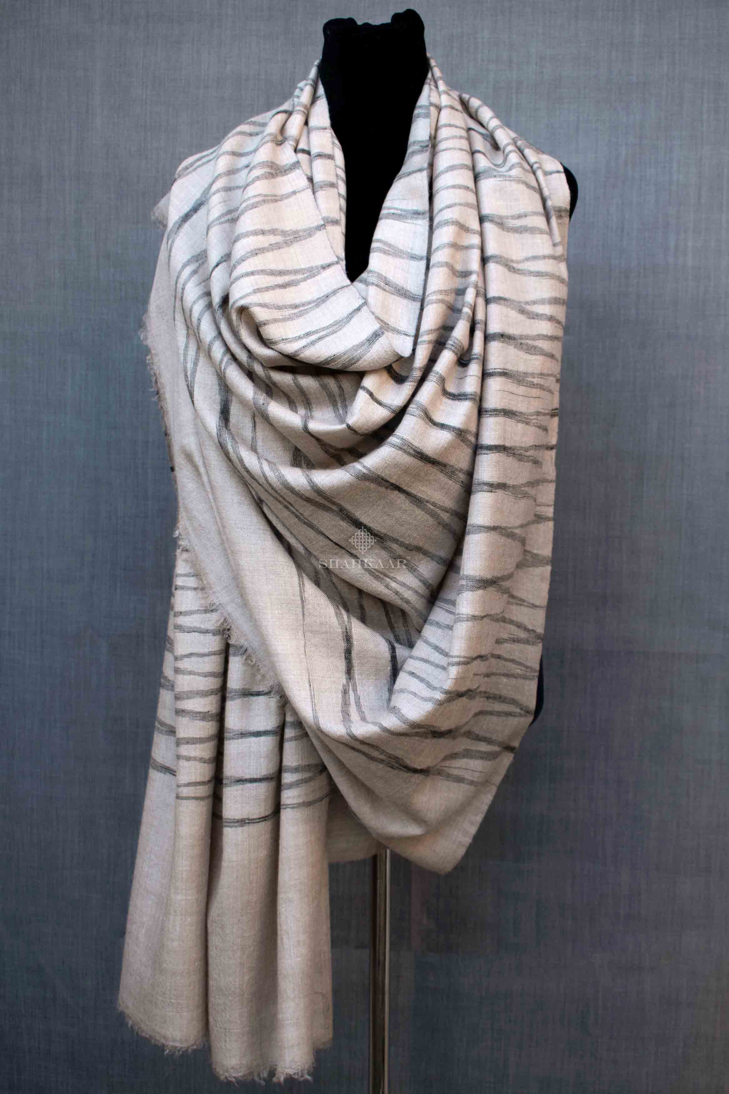 Shahkaar Space Dyed Beige & Black Cashmere Shawl wrapped on a dummy