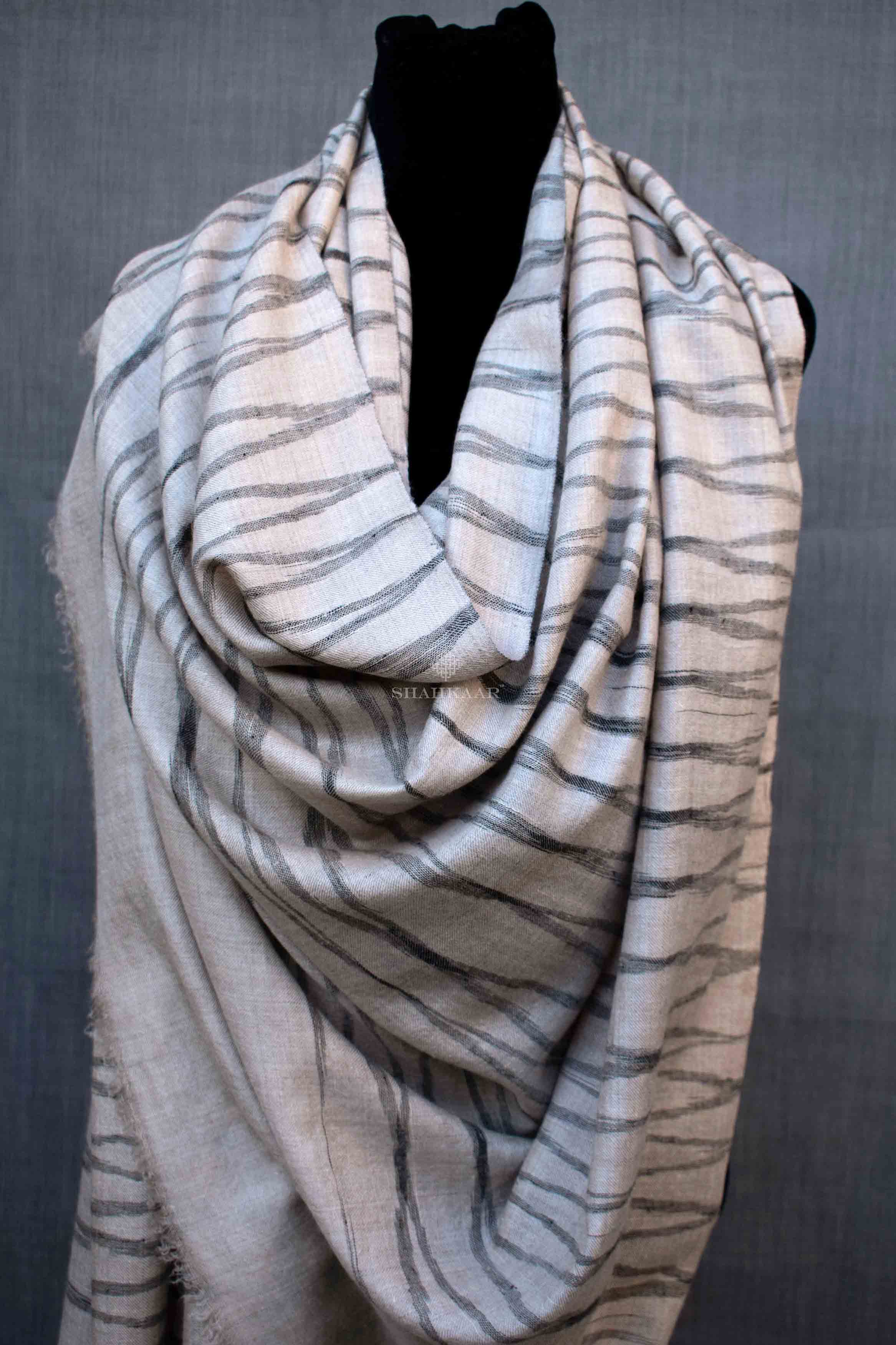 Shahkaar Space Dyed Beige & Black Cashmere Shawl wrapped on a dummy (Zoomed image)