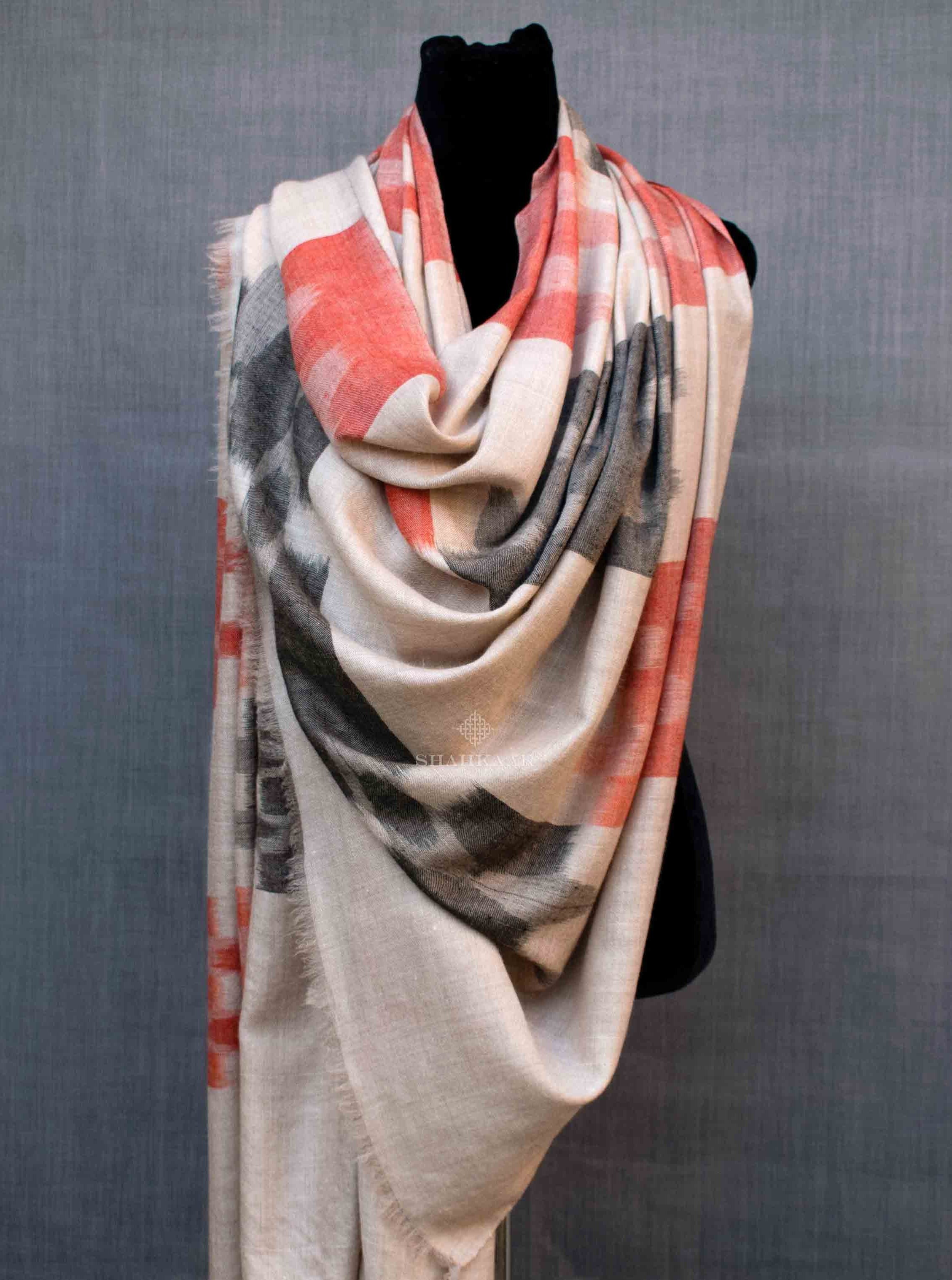 Shahkaar Space Dyed Beige Cashmere Shawl wrapped on a dummy