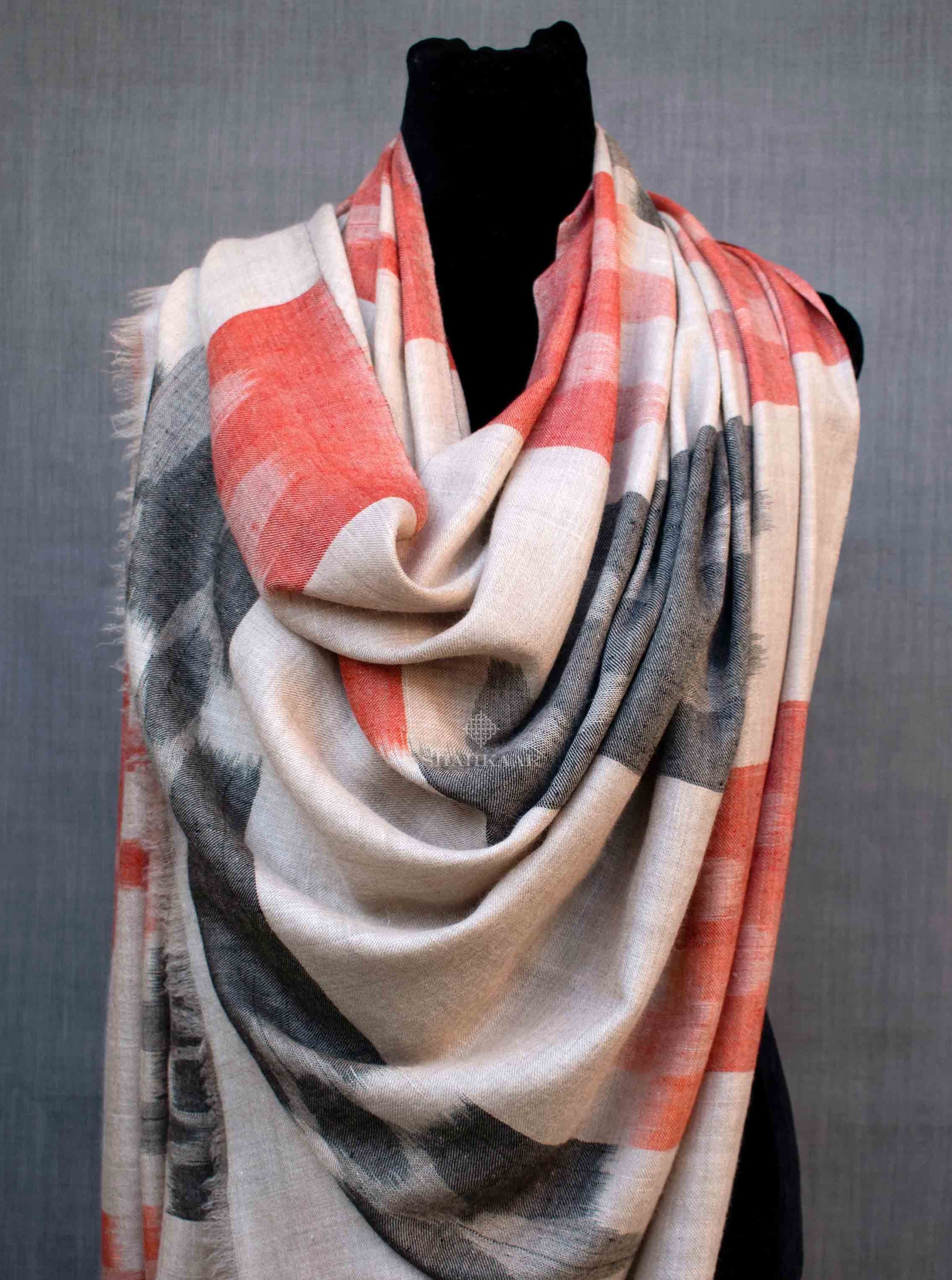 Shahkaar Space Dyed Beige Cashmere Shawl wrapped on a dummy (zoomed image)