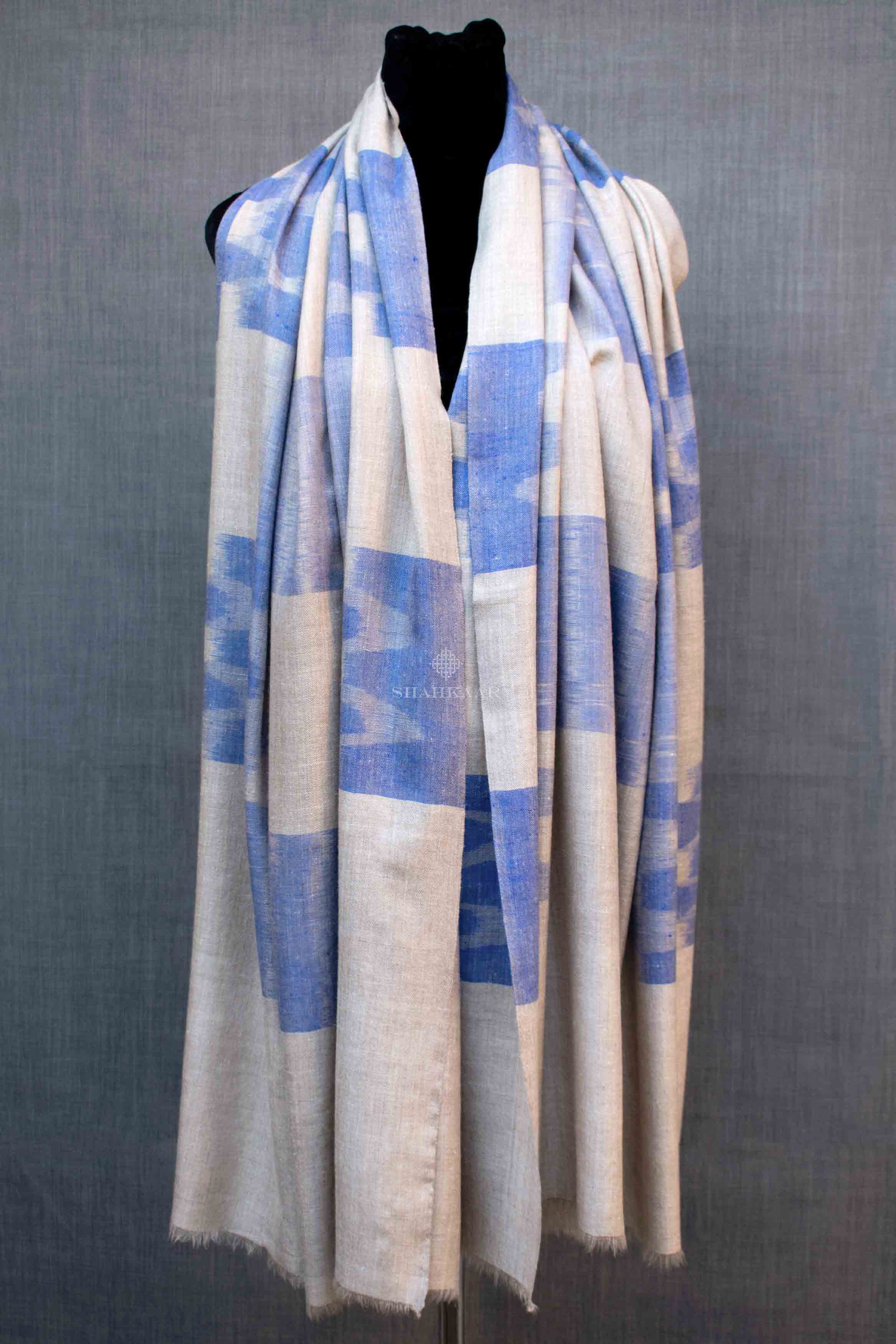 Shahkaar Space Dyed Beige & Blue Cashmere Shawl wrapped on a dummy