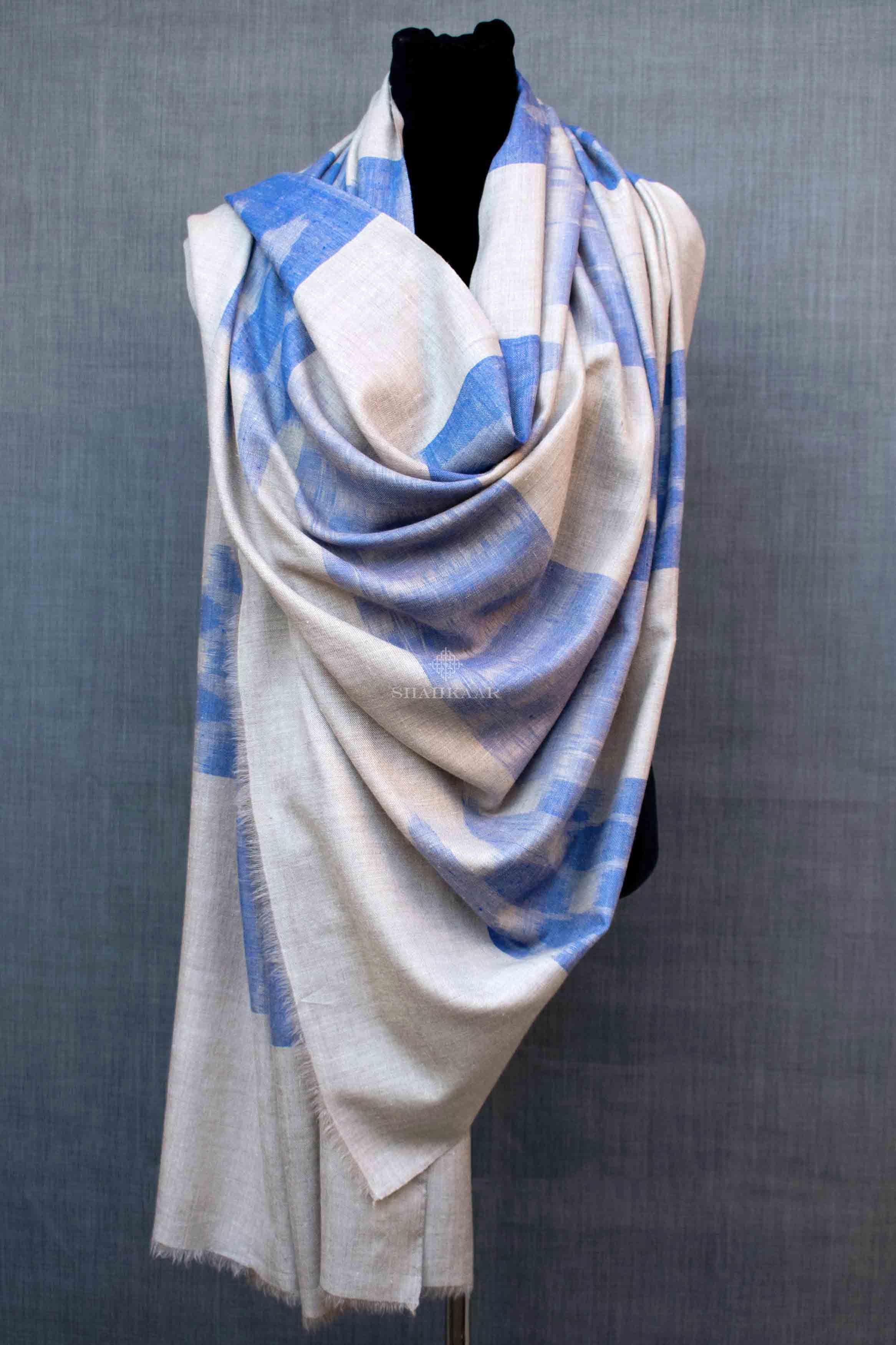 Shahkaar Space Dyed Beige & Blue Cashmere Shawl wrapped on a dummy