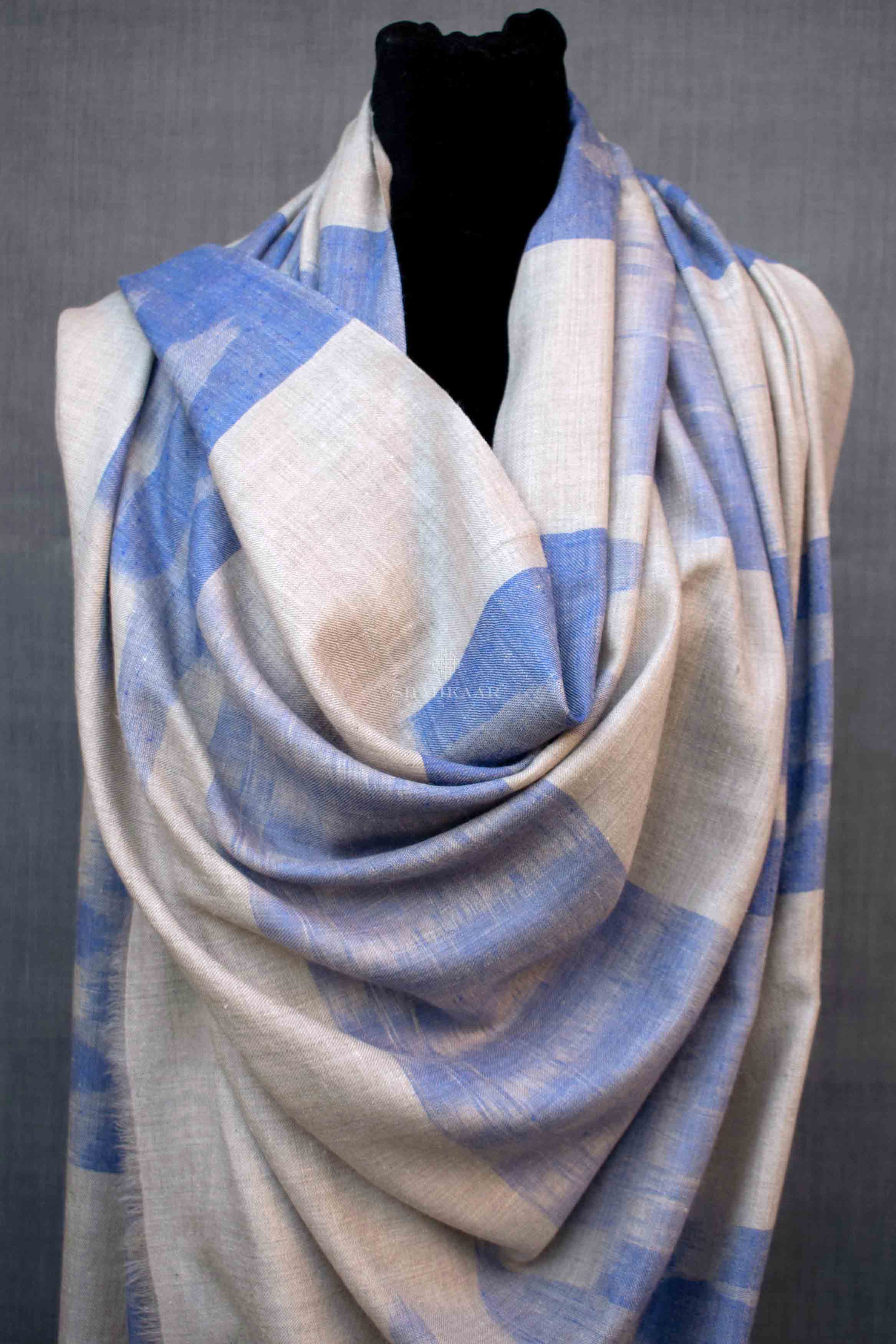 Shahkaar Space Dyed Beige & Blue Cashmere Shawl wrapped on a dummy (zoomed image)