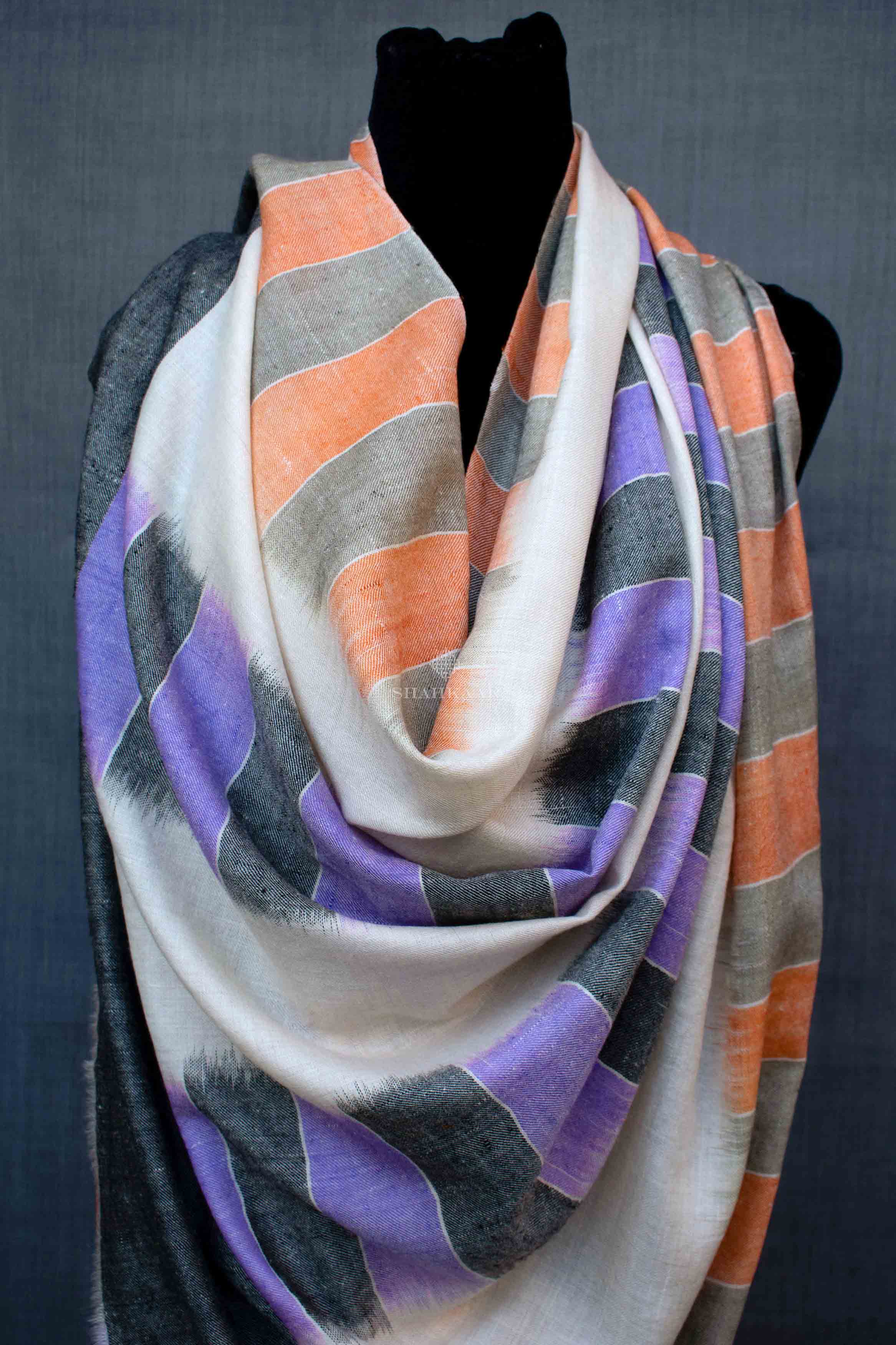 Shahkaar Space Dyed Multi Color Cashmere Shawl wrapped on a dummy (Zoomed image)