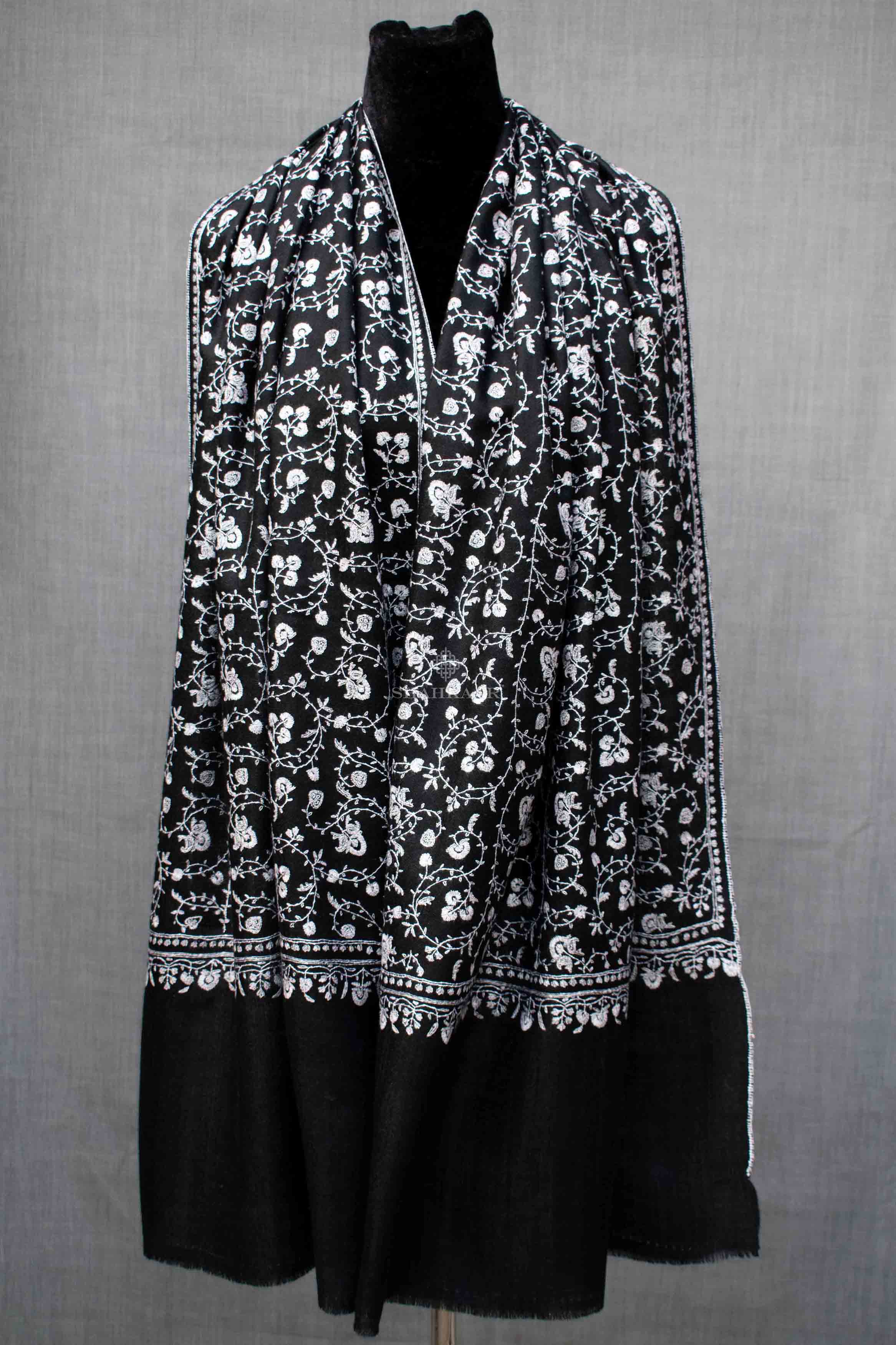 Shahkaar Black Embroidery Cashmere Shawl wrapped around dummy