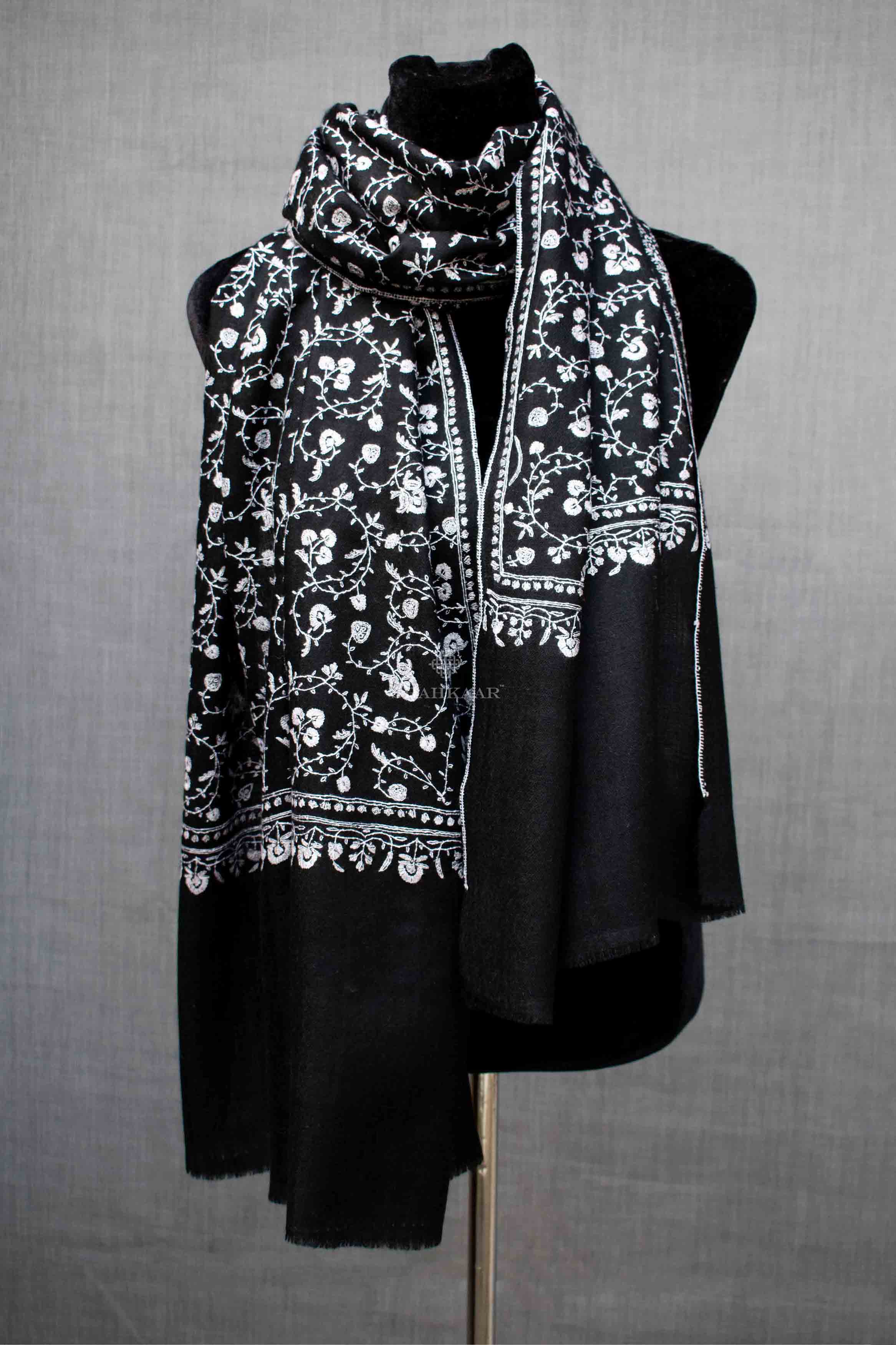 Shahkaar Black Embroidery Cashmere Shawl wrapped around dummy