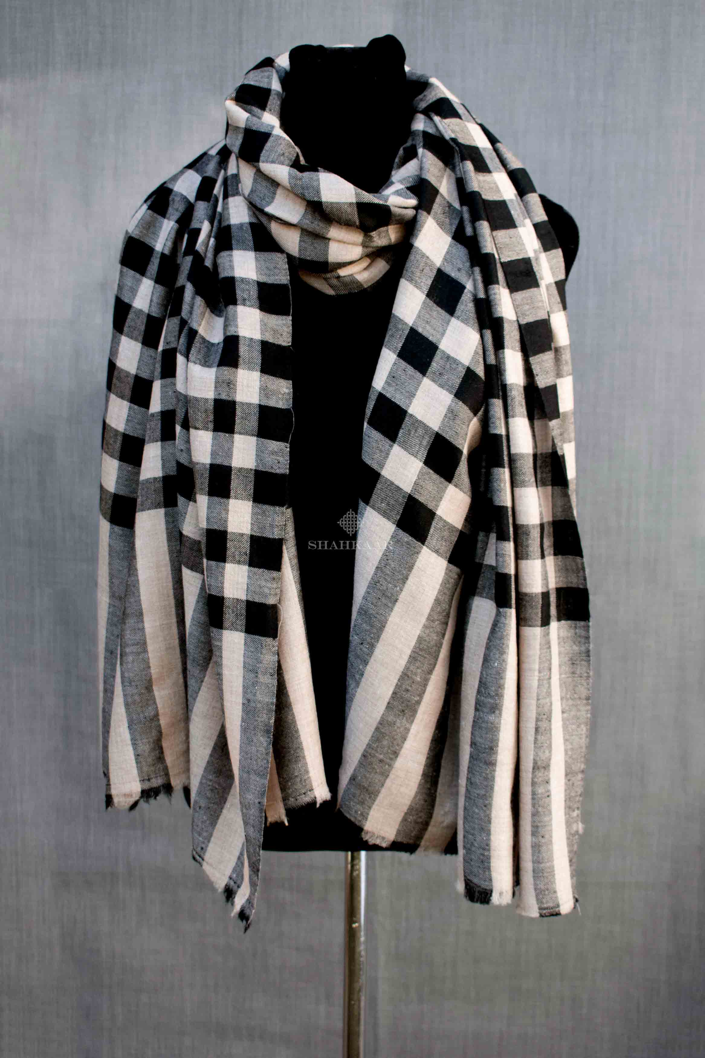 Shahkaar Black & White Check Cashmere Shawl wrapped around dummy