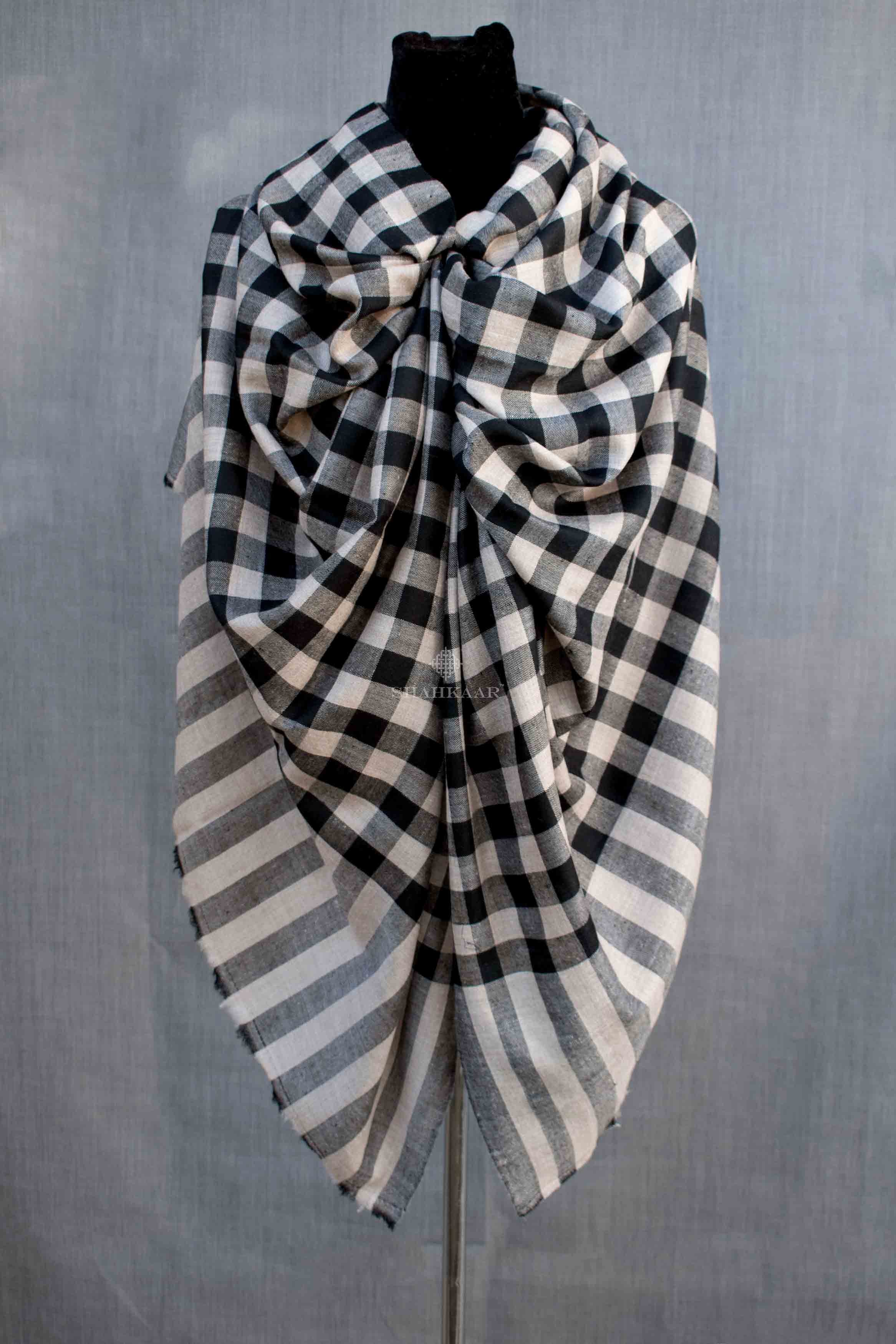 Shahkaar Black & White Check Cashmere Shawl wrapped around dummy (Butterfly style)