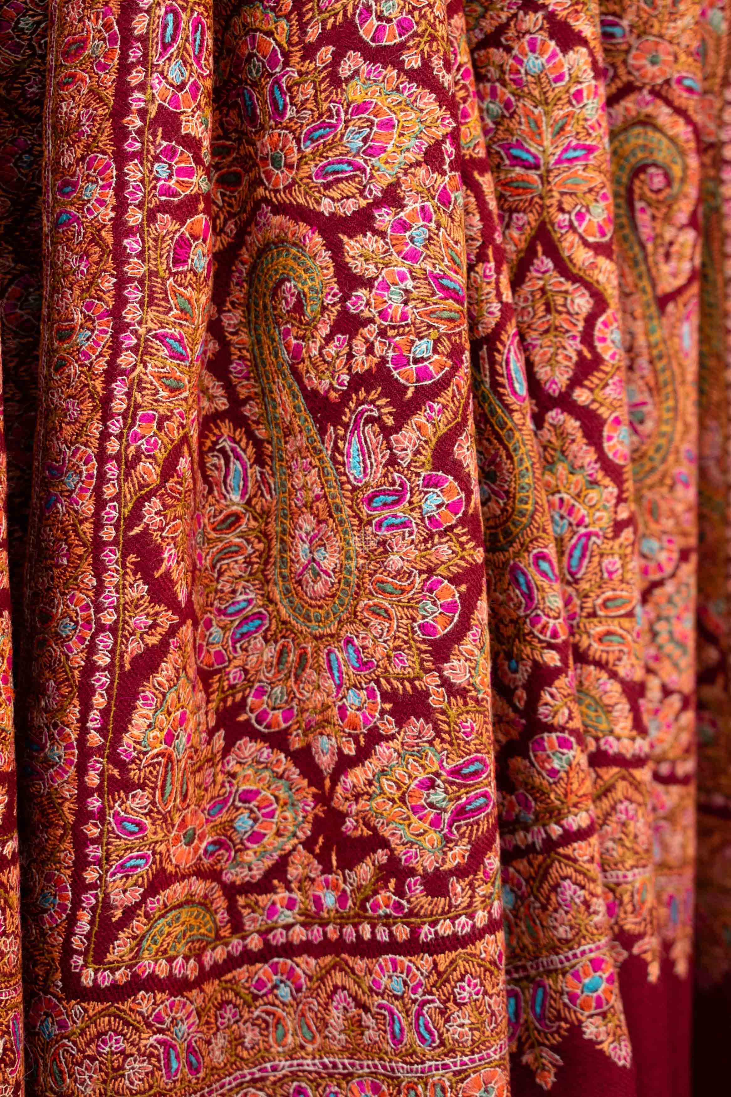 Shahkaar Embroidered Maroon Cashmere Shawl (Zoomed image)