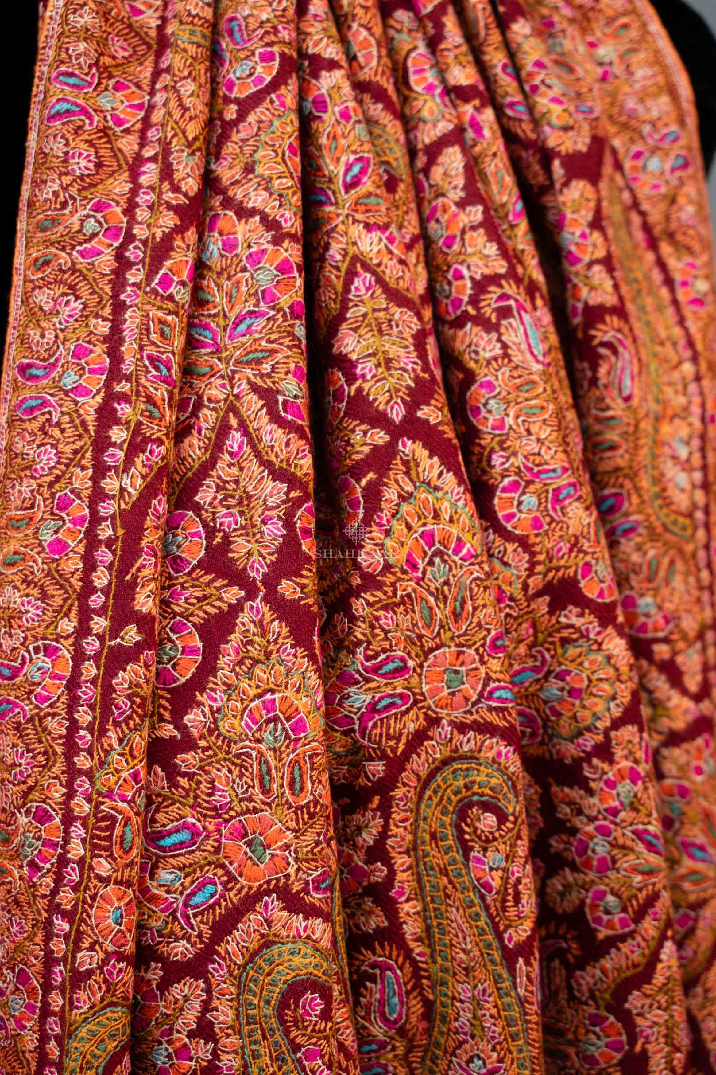 Shahkaar Embroidered Maroon Cashmere Shawl (Zoomed image)