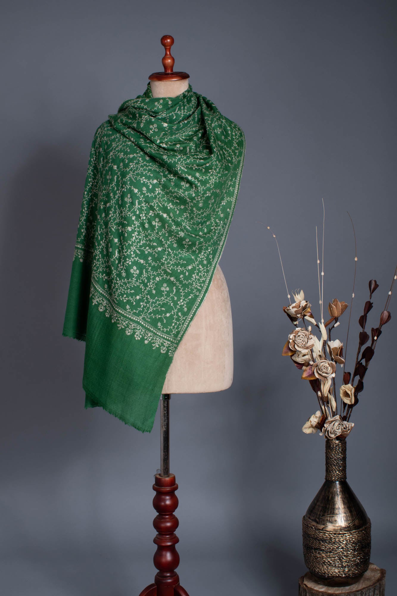 Green Hand Embroidered Pashmina Scarf - JUAREZ