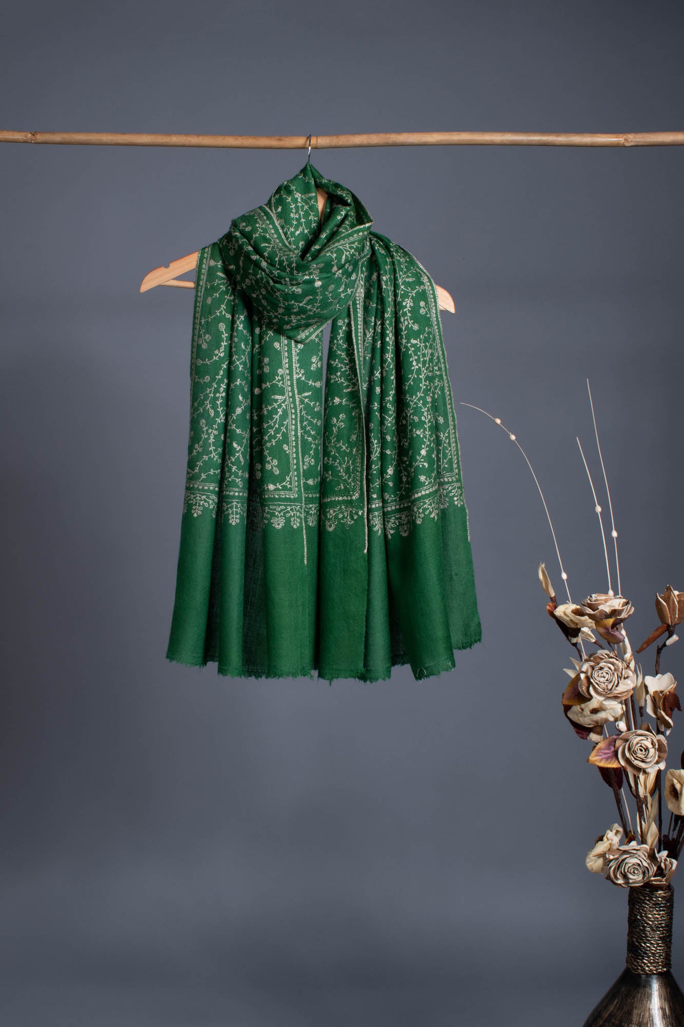 Green Hand Embroidered Pashmina Scarf - JUAREZ