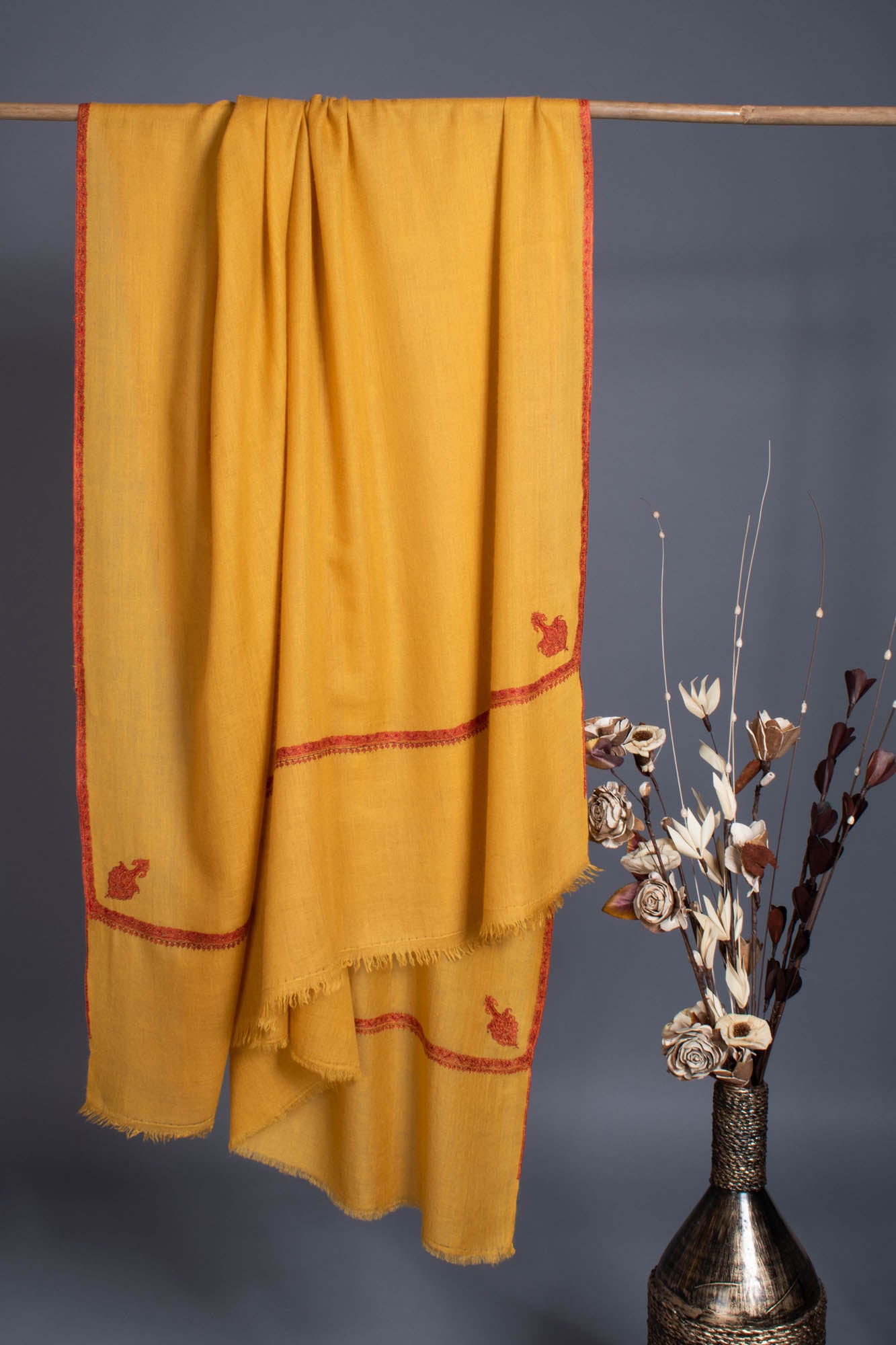 Mustard Hand Embroidered Bail Pashmina Shawl - GUADALUPE