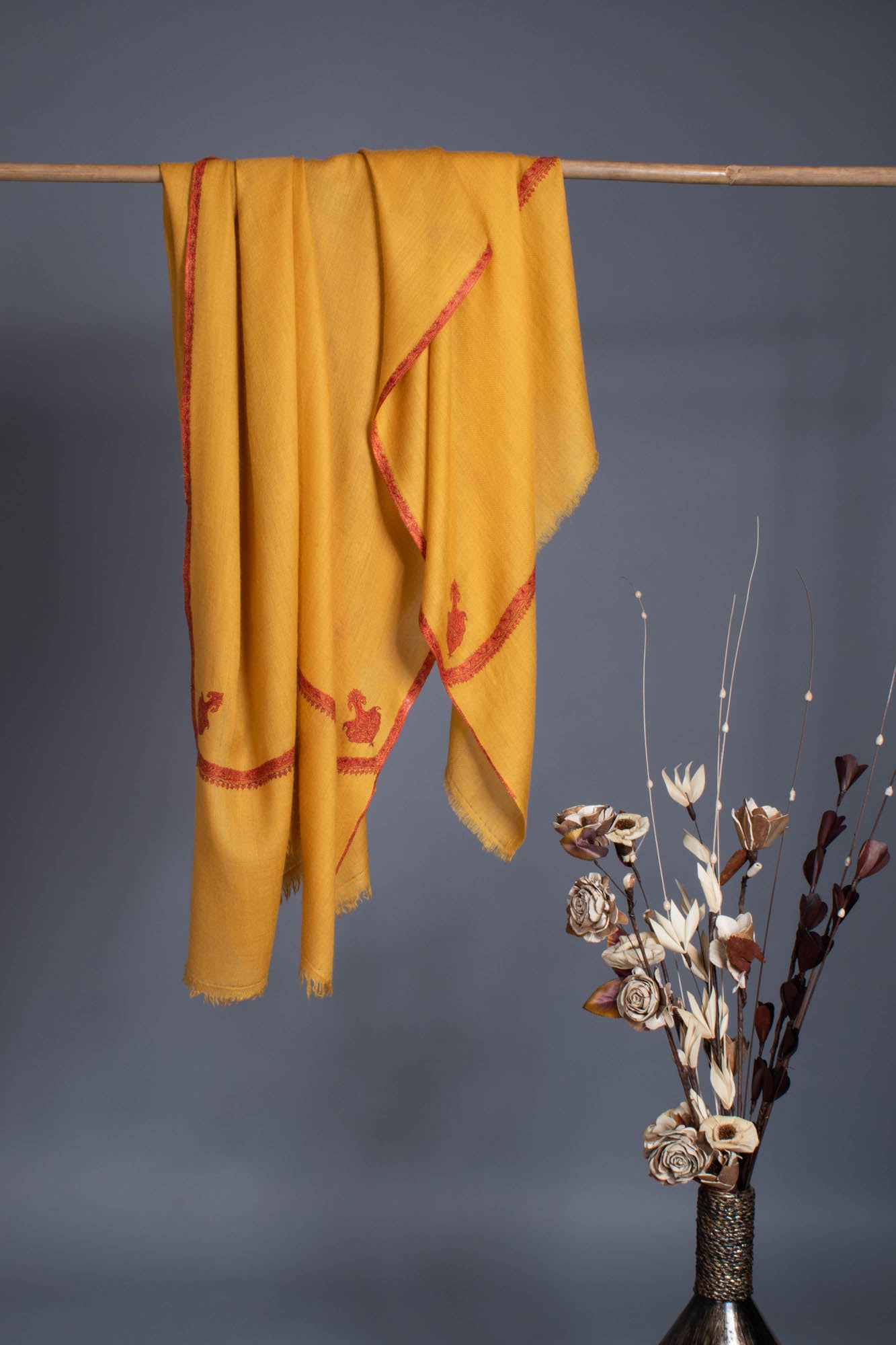 Mustard Hand Embroidered Bail Pashmina Shawl - GUADALUPE