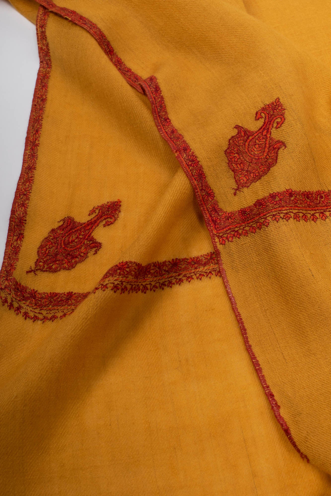 Mustard Hand Embroidered Bail Pashmina Shawl - GUADALUPE