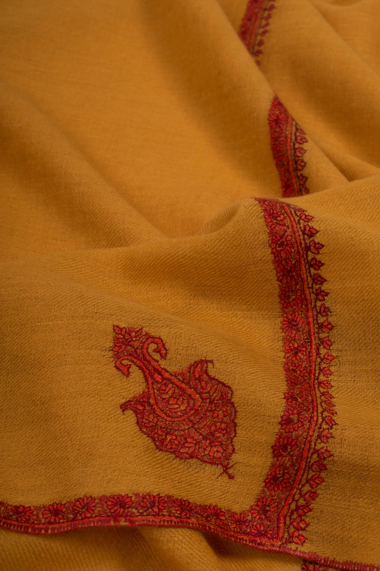 Mustard Hand Embroidered Bail Pashmina Shawl - GUADALUPE