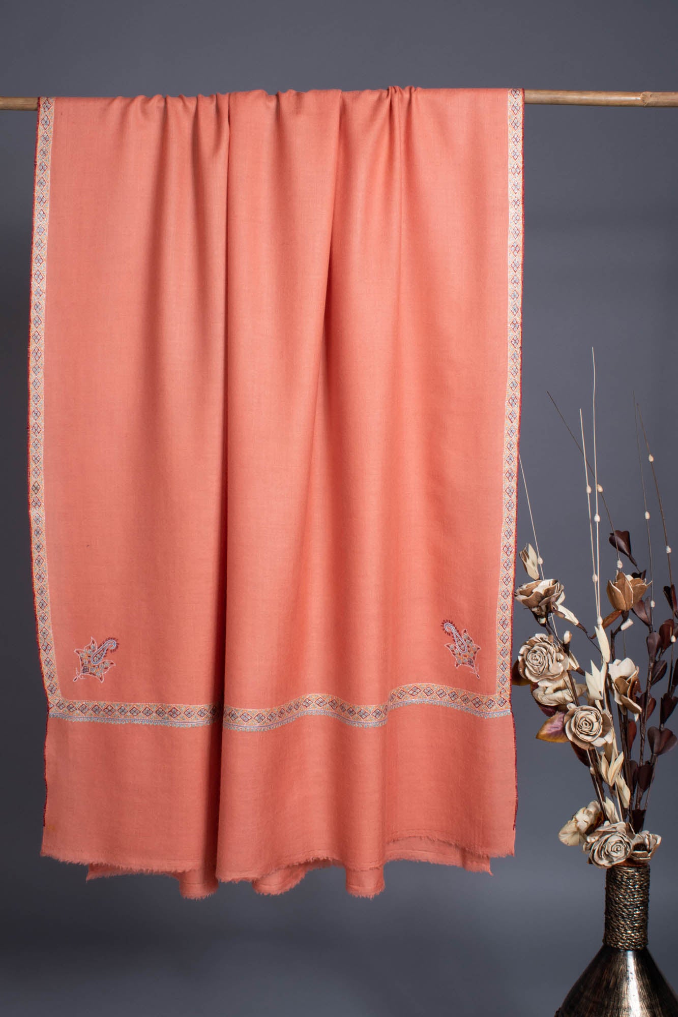 Peach Hand Embroidered Kashmiri Pashmina Shawl - HERMOSILLO