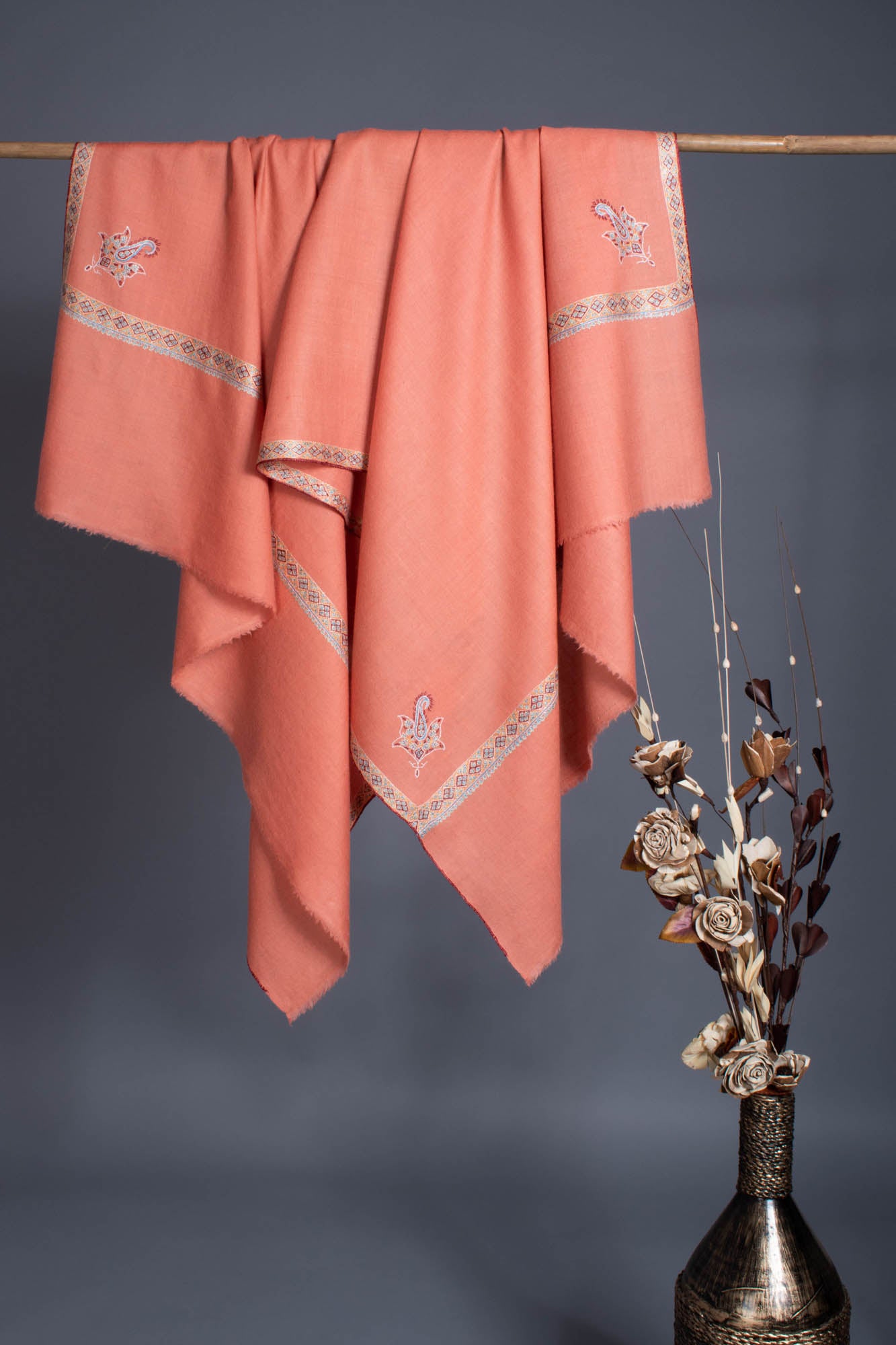 Peach Hand Embroidered Kashmiri Pashmina Shawl - HERMOSILLO