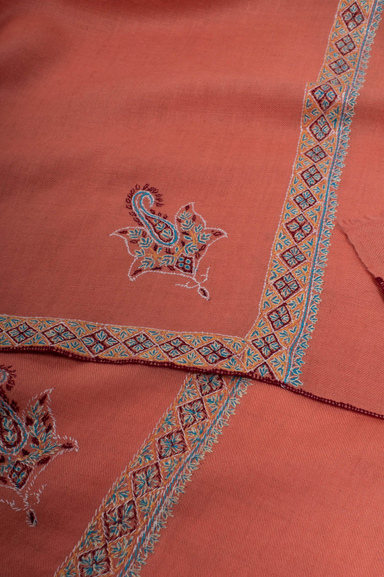 Peach Hand Embroidered Kashmiri Pashmina Shawl - HERMOSILLO