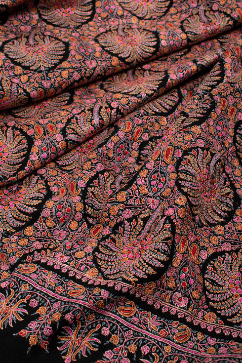 Black Silk Embroidered Pashmina Shawl - ABBAS