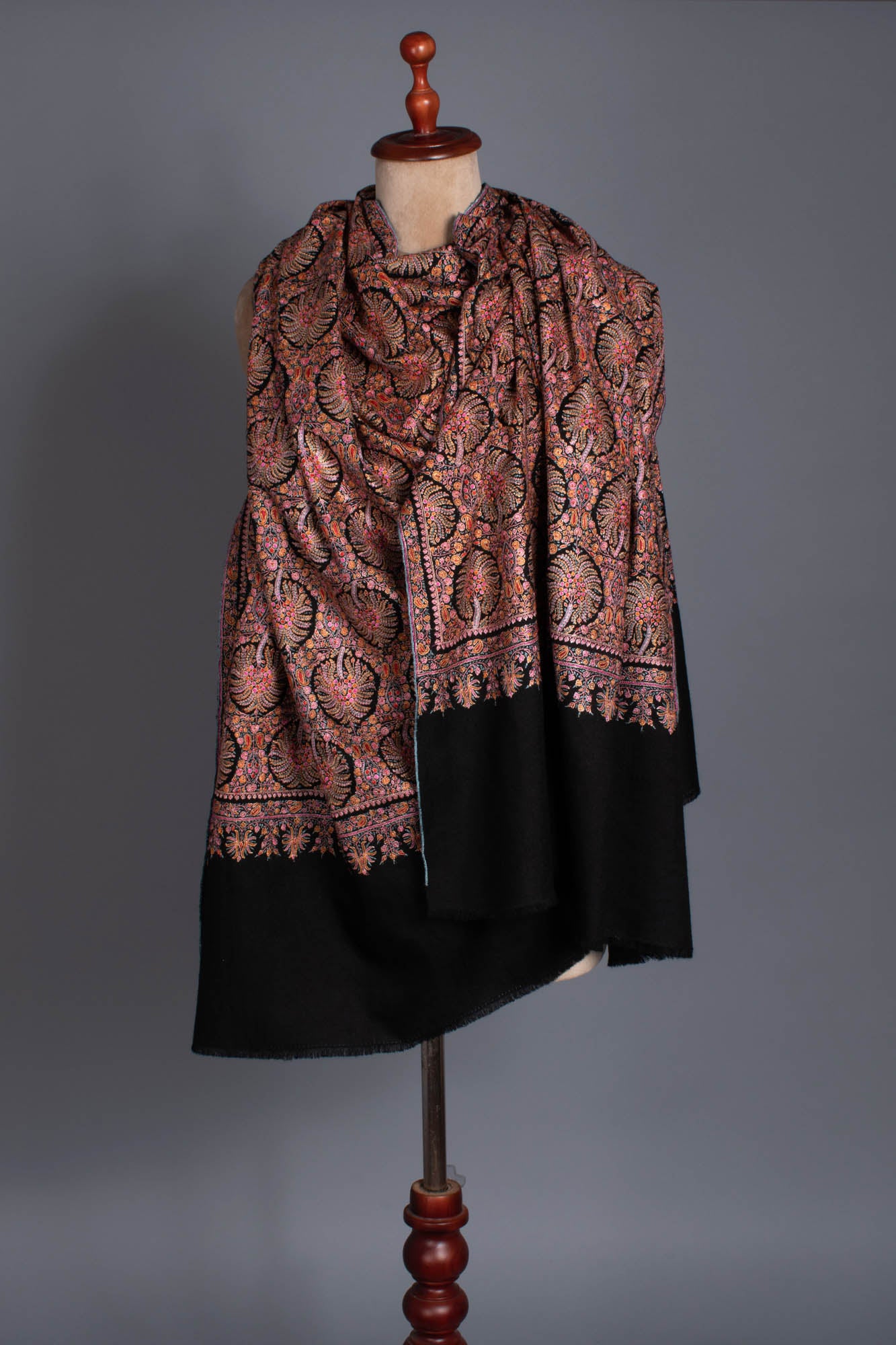 Black Silk Embroidered Pashmina Shawl - ABBAS