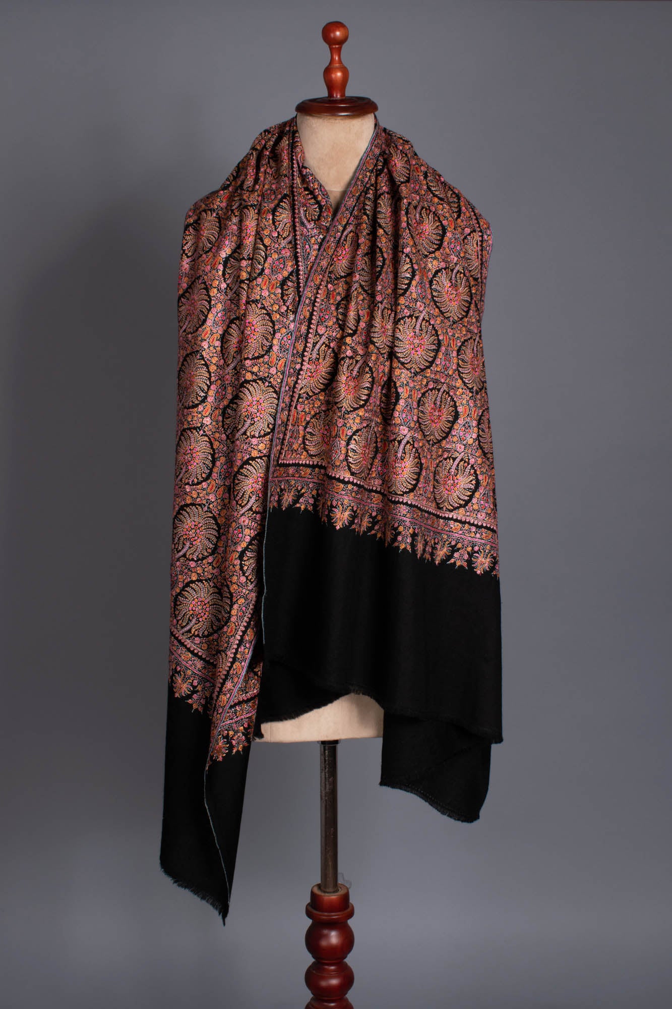 Black Silk Embroidered Pashmina Shawl - ABBAS