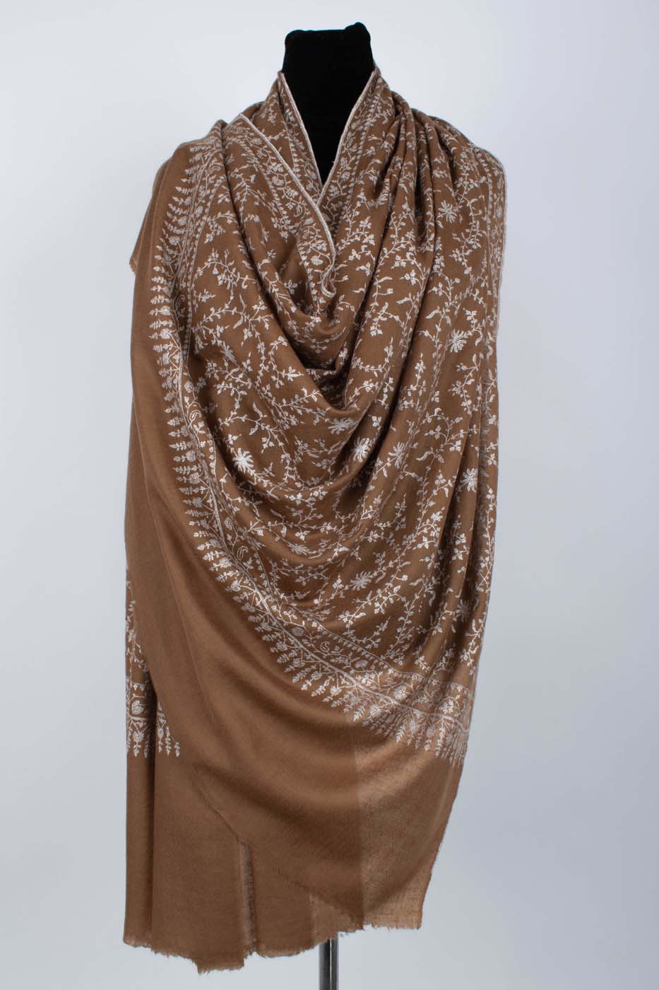 White and Brown Sozni Embroidered Pashmina Shawl - AMRAVATI