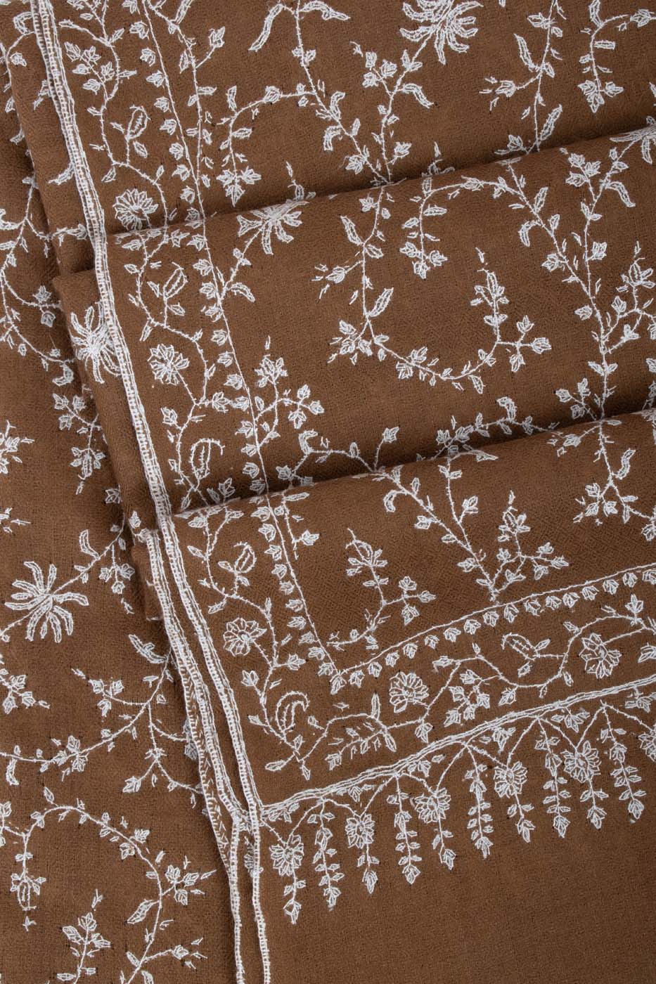 White and Brown Sozni Embroidered Pashmina Shawl - AMRAVATI