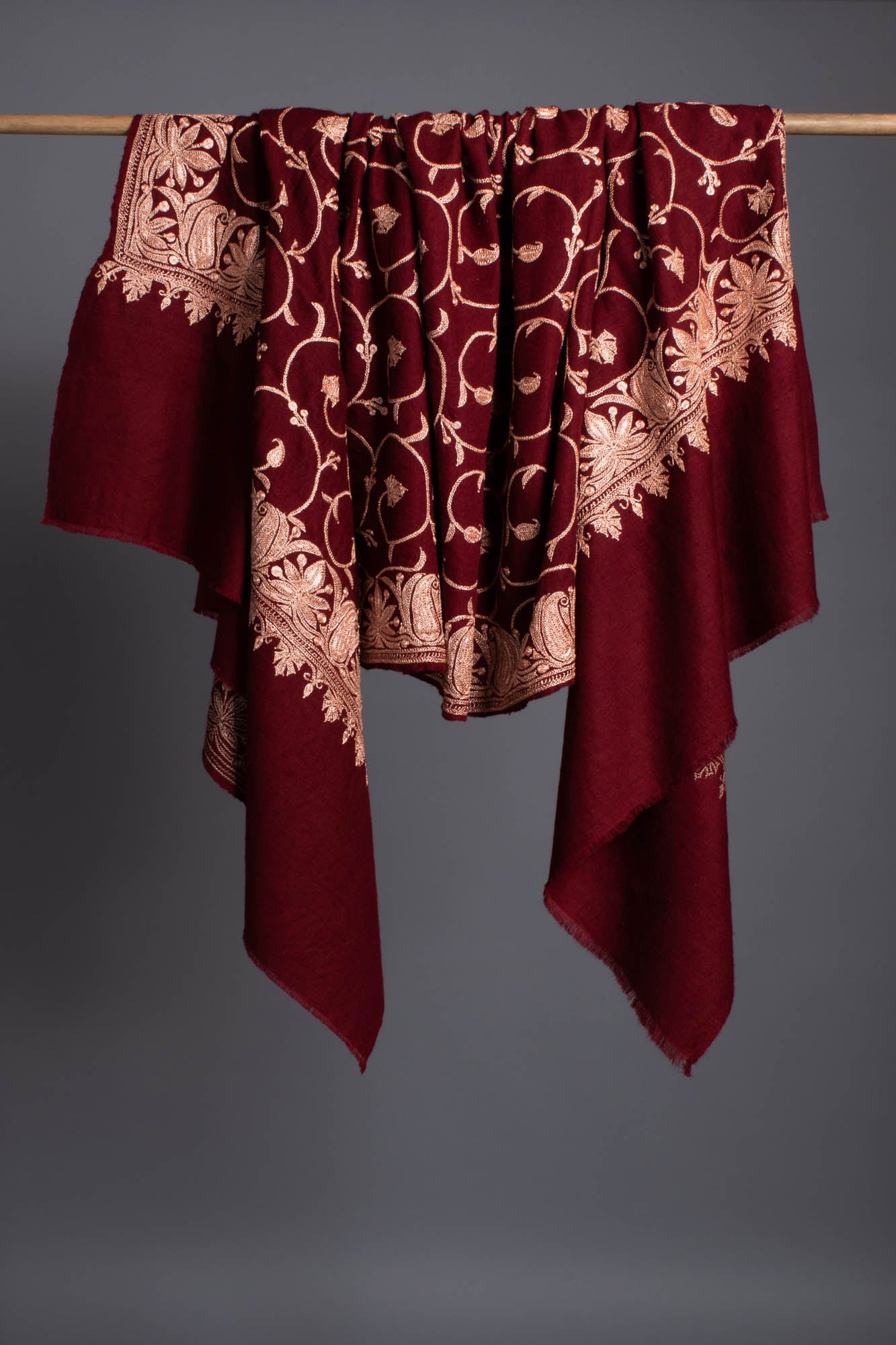 Hand Spun Maroon Hand Tilla Embroidered Pashmina Shawl - SHUWAIKH