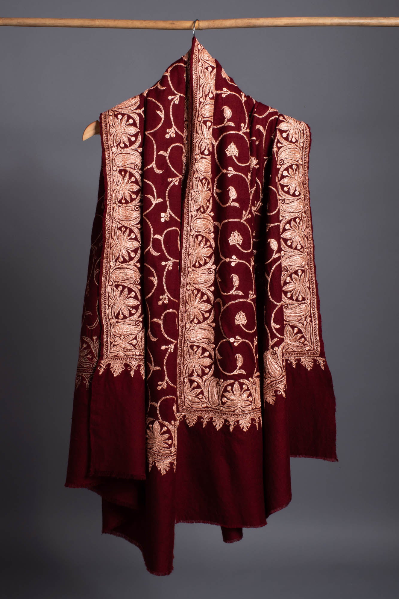 Hand Spun Maroon Hand Tilla Embroidered Pashmina Shawl - SHUWAIKH