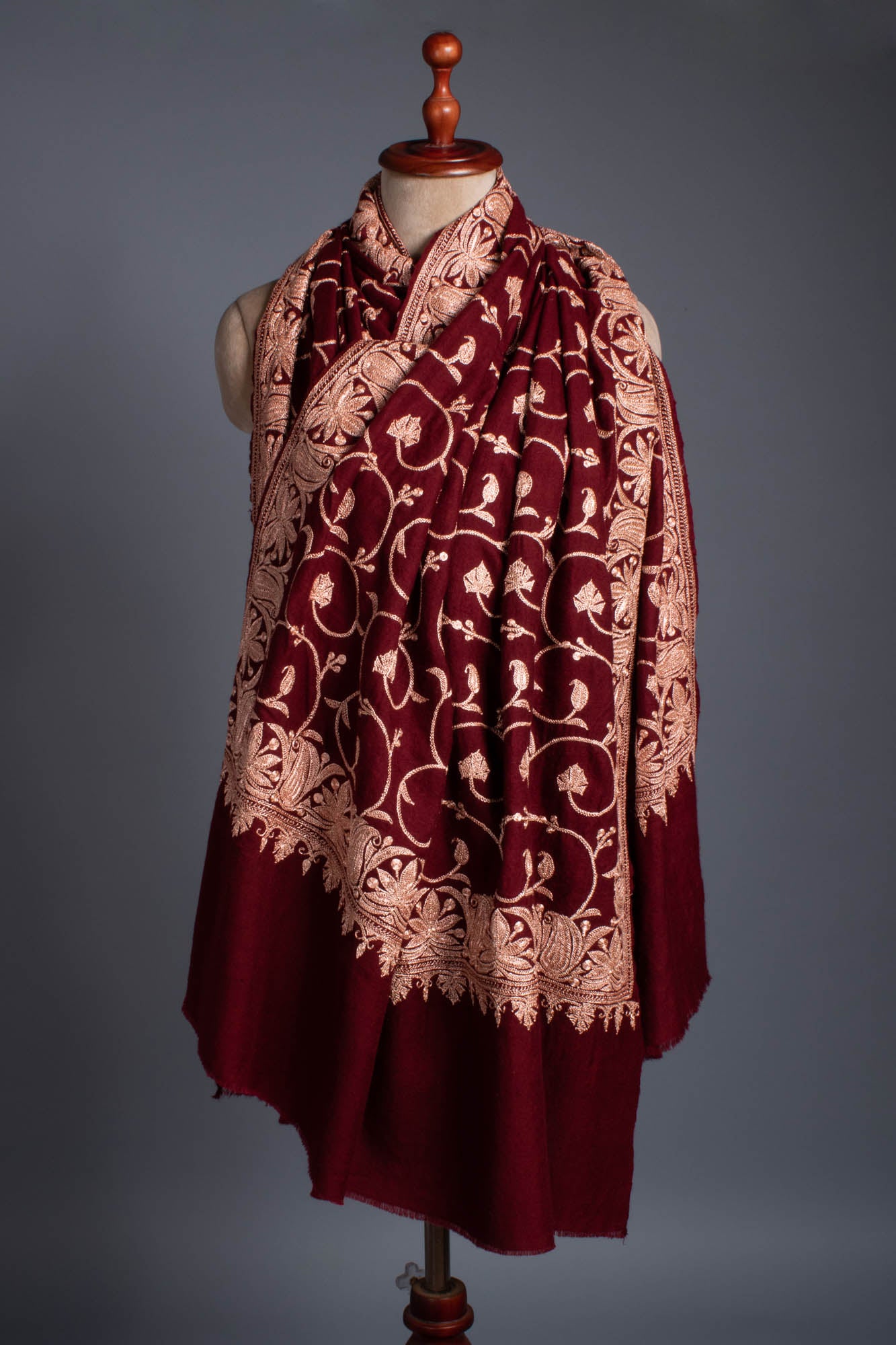 Hand Spun Maroon Hand Tilla Embroidered Pashmina Shawl - SHUWAIKH