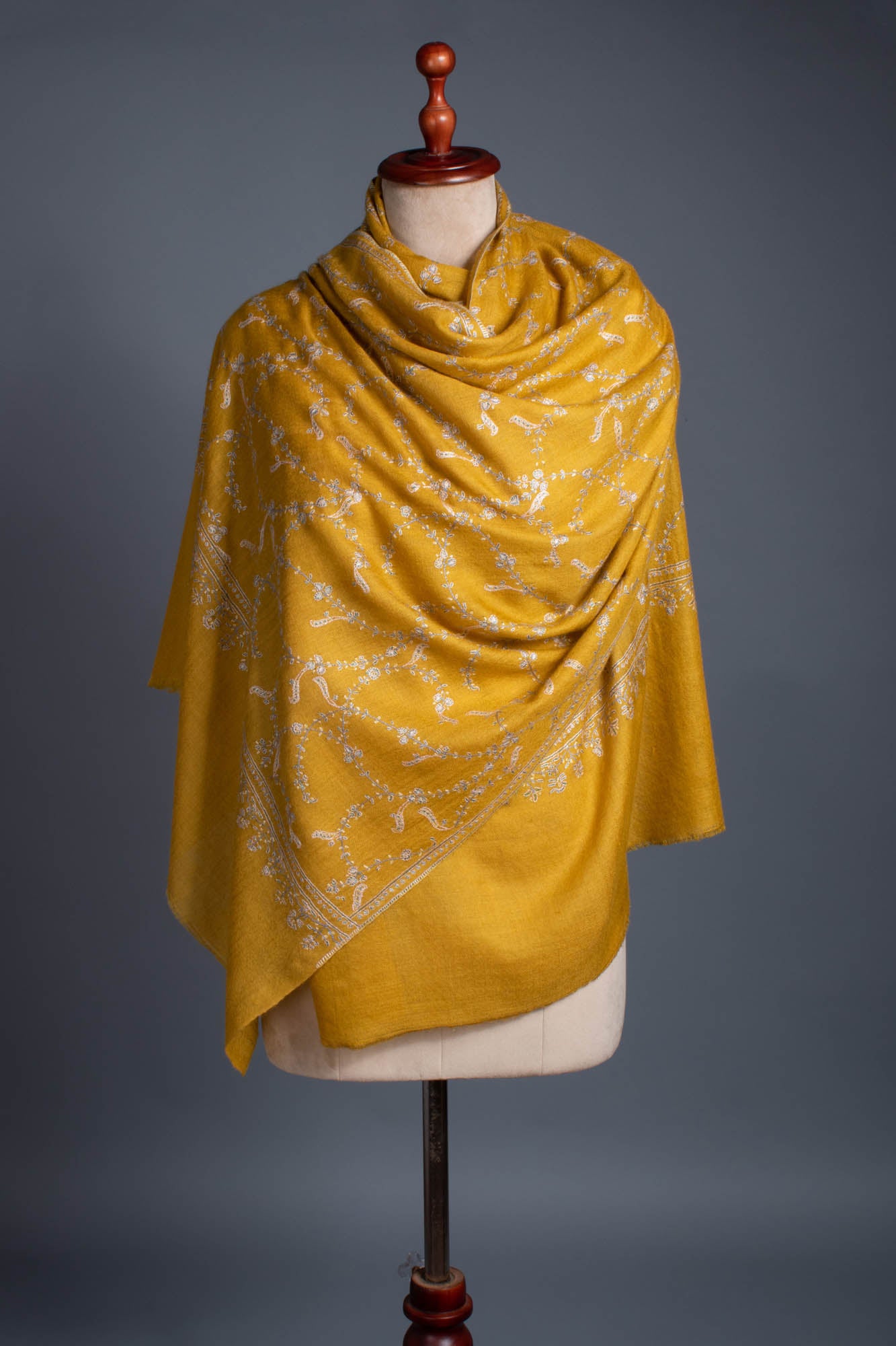 Mustard Floral Embroidered Cashmere Scarf.