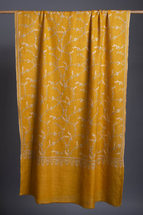 Mustard Floral Embroidered Cashmere Scarf.