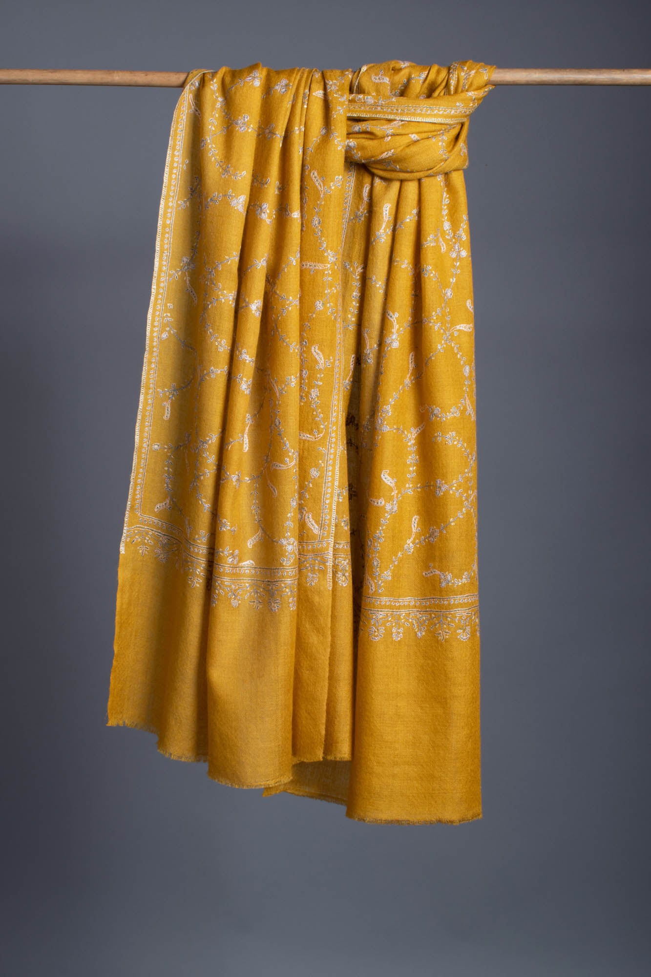 Mustard Floral Embroidered Cashmere Scarf.