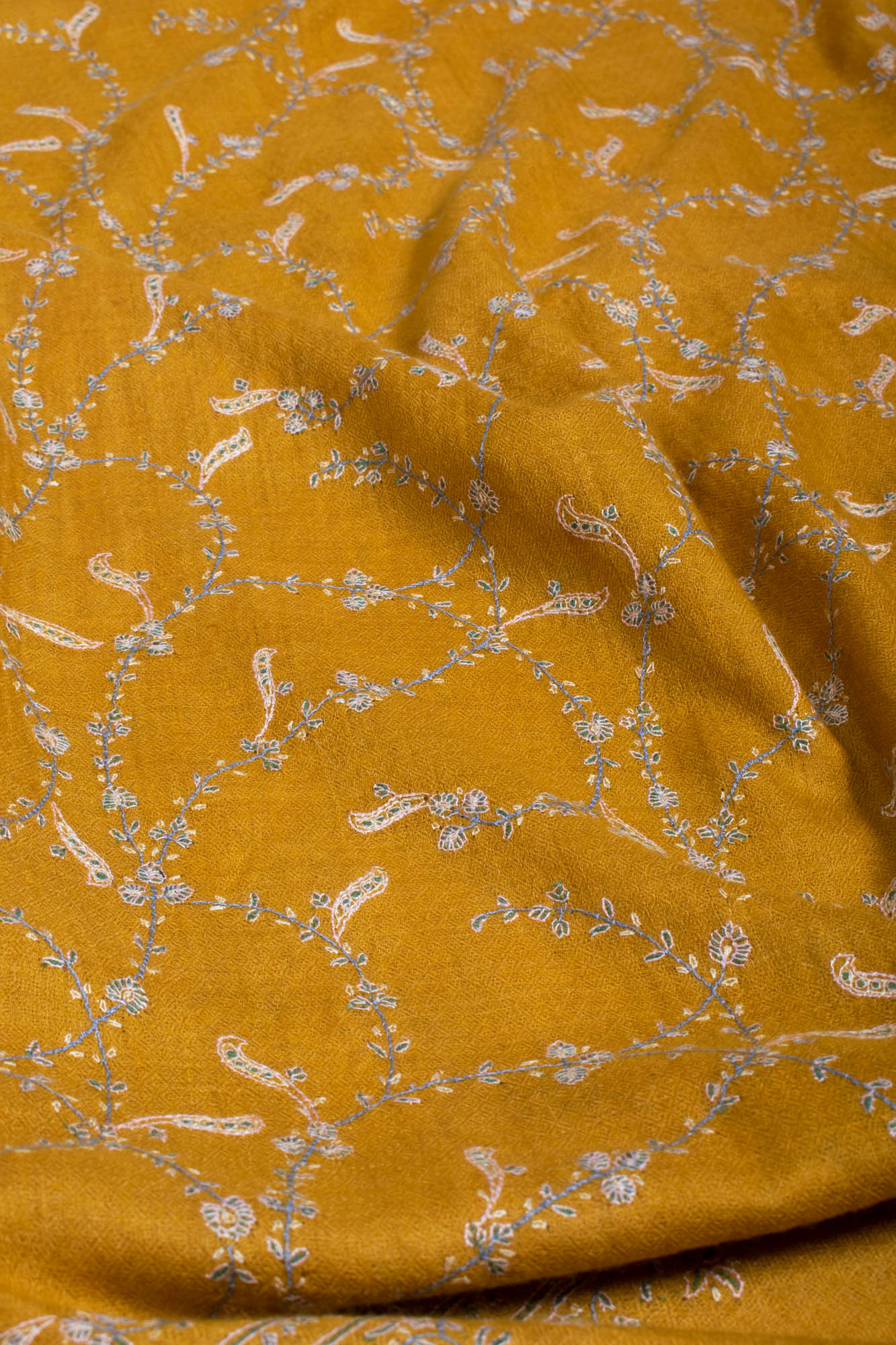 Mustard Floral Embroidered Cashmere Scarf.