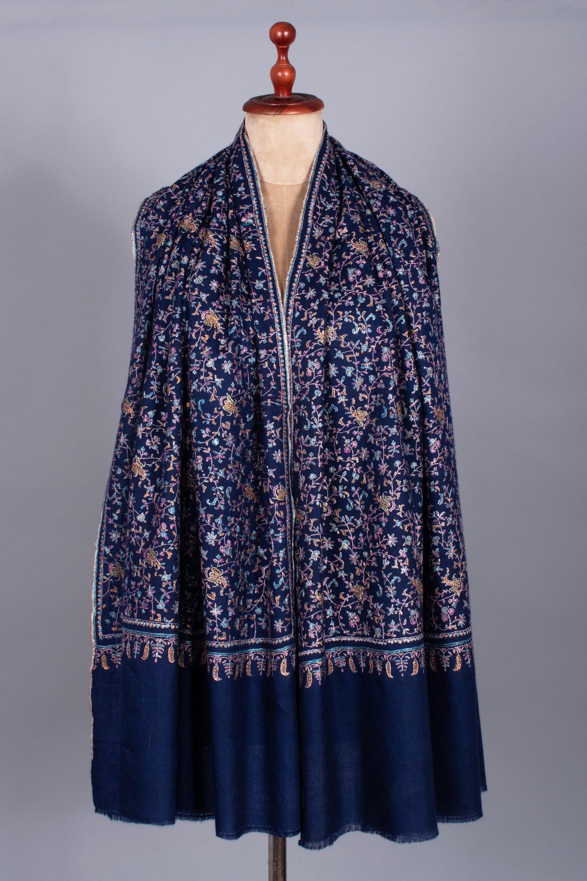 Prussian Blue Pashmina Shawl with Silk Embroidery - PESCARA