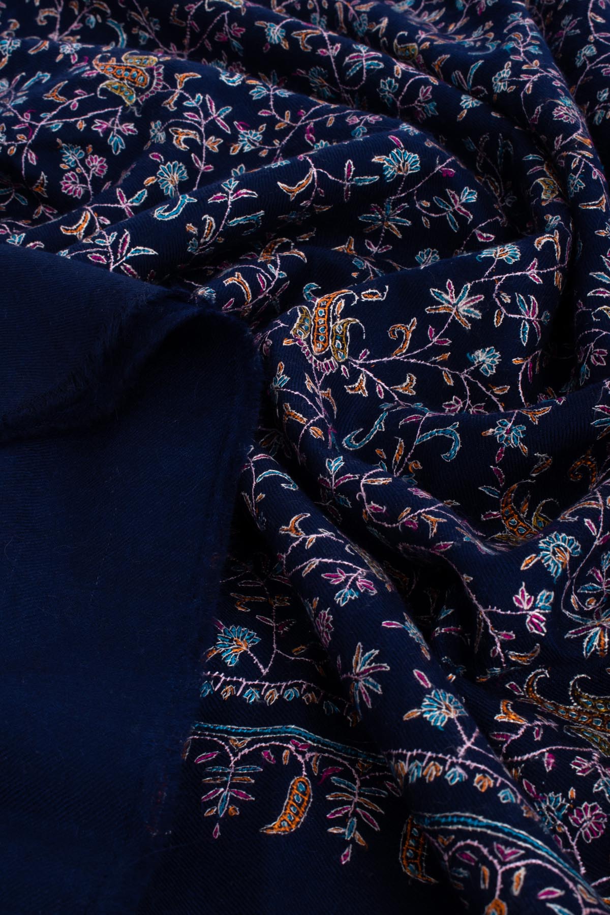 Prussian Blue Pashmina Shawl with Silk Embroidery - PESCARA